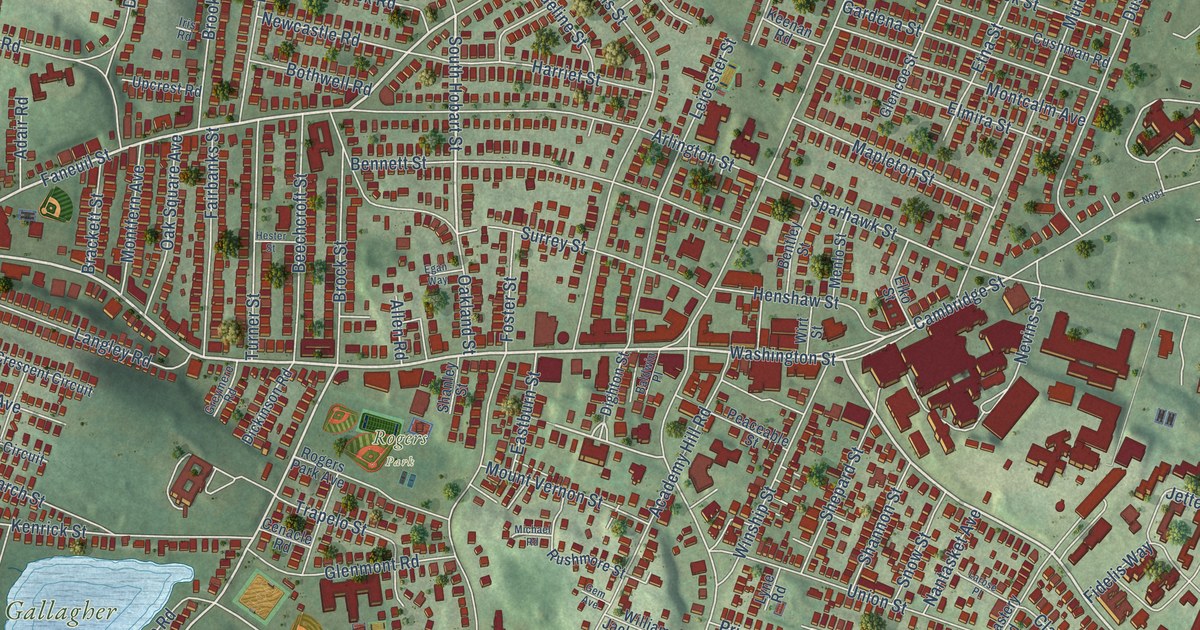 Close-up of streets and buildings in Brighton, Massachusetts