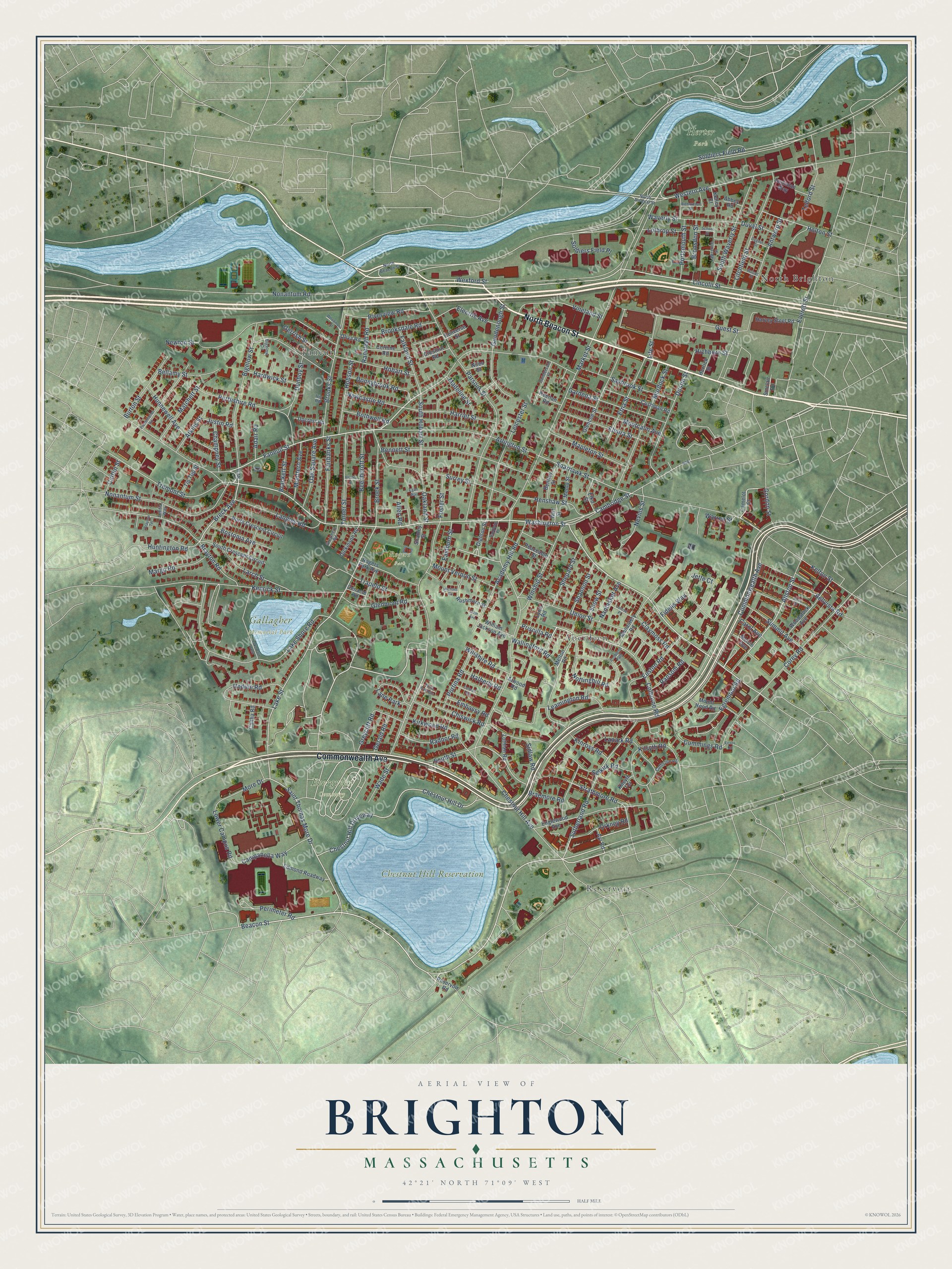 Full map of Brighton, Massachusetts, with red buildings, printed street names and the land around them