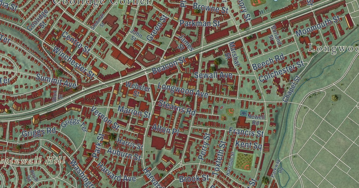 Close-up of streets and buildings in Brookline, Massachusetts