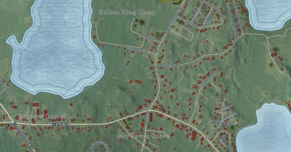Close-up of streets and buildings in Bryantville, Massachusetts
