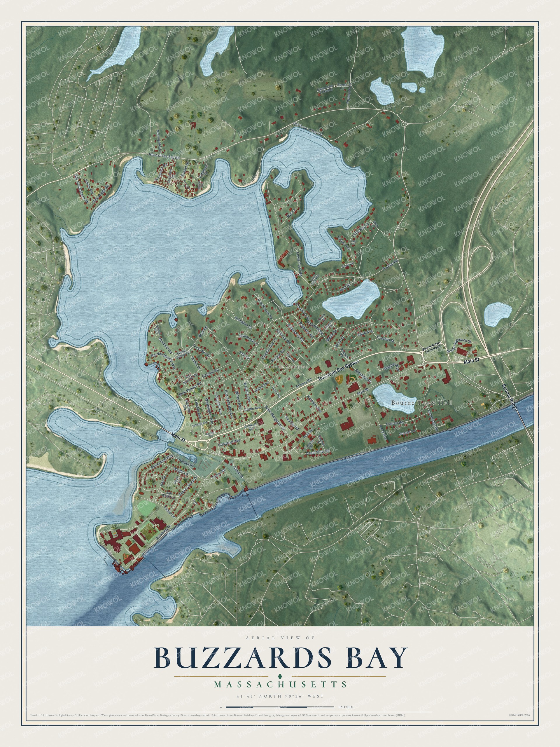 Full map of Buzzards Bay, Massachusetts, with red buildings, printed street names and the land around them