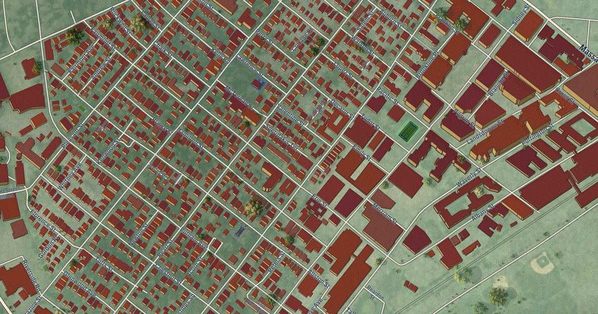 Close-up of streets and buildings in Cambridgeport, Massachusetts