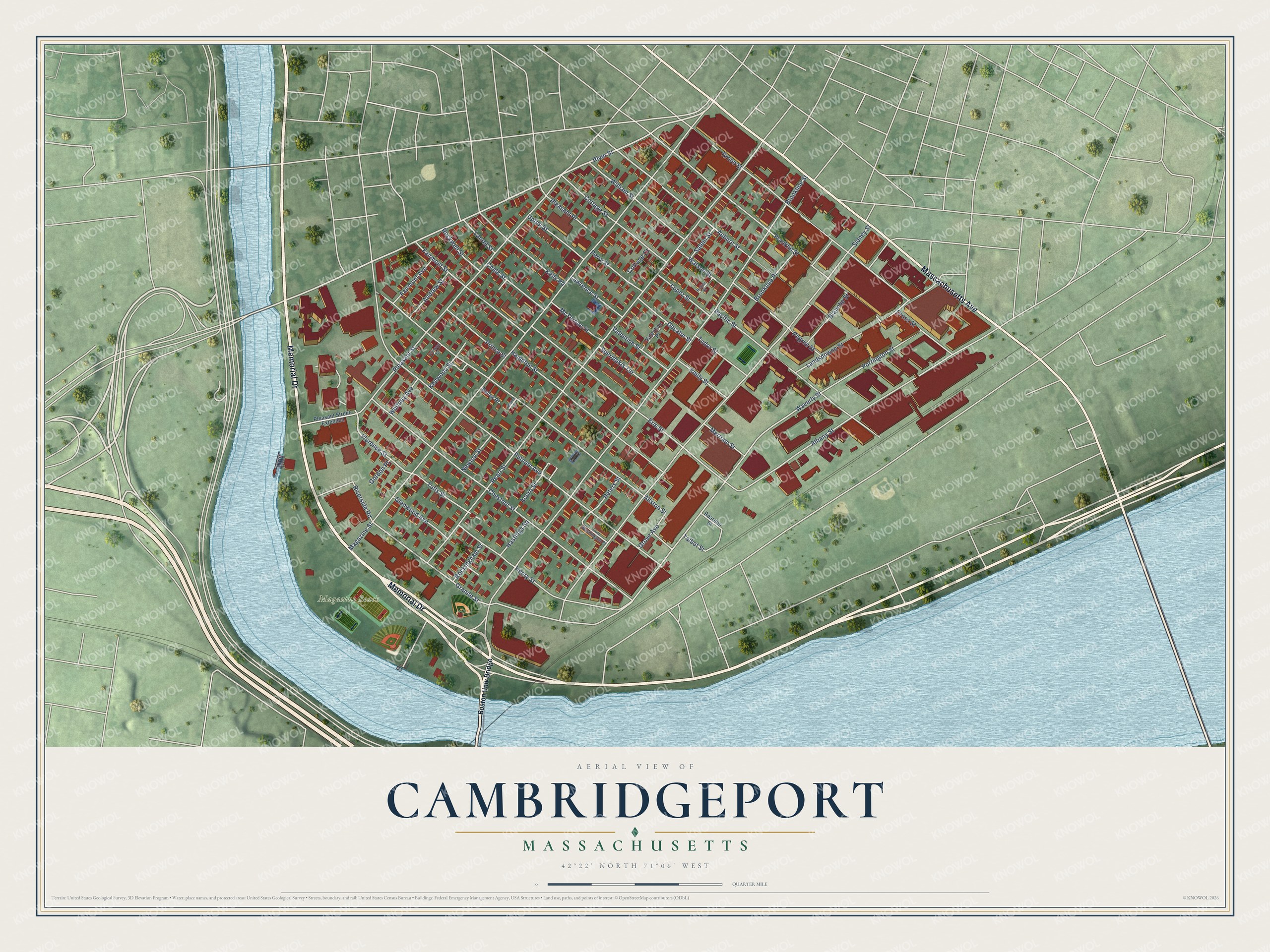 Full map of Cambridgeport, Massachusetts, with red buildings, printed street names and the land around them