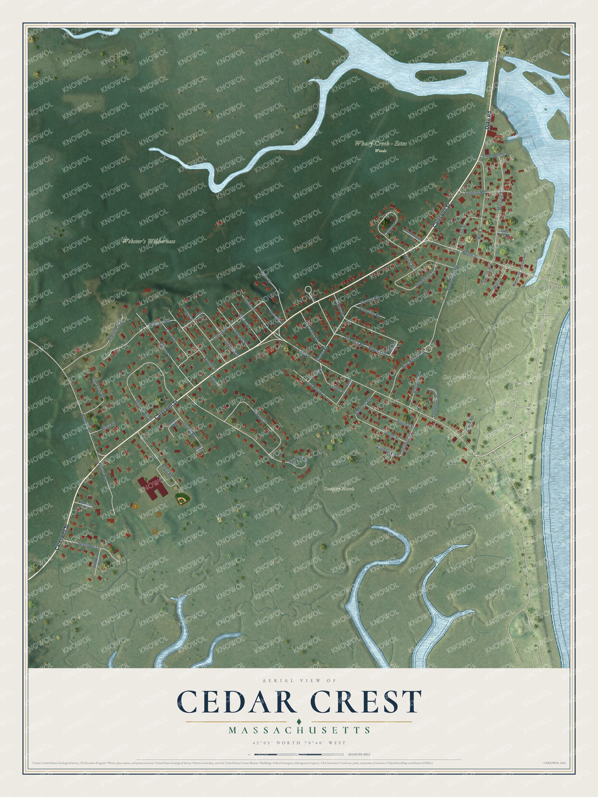 Full map of Cedar Crest, Massachusetts, with red buildings, printed street names and the land around them