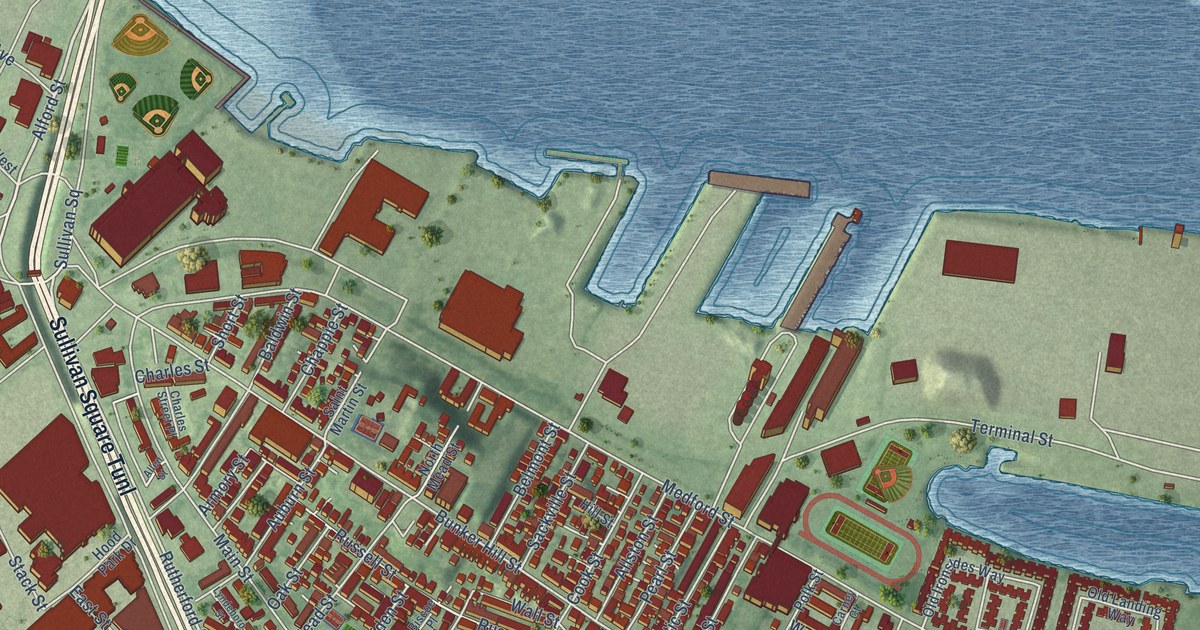 Close-up of streets and buildings in Charlestown, Massachusetts