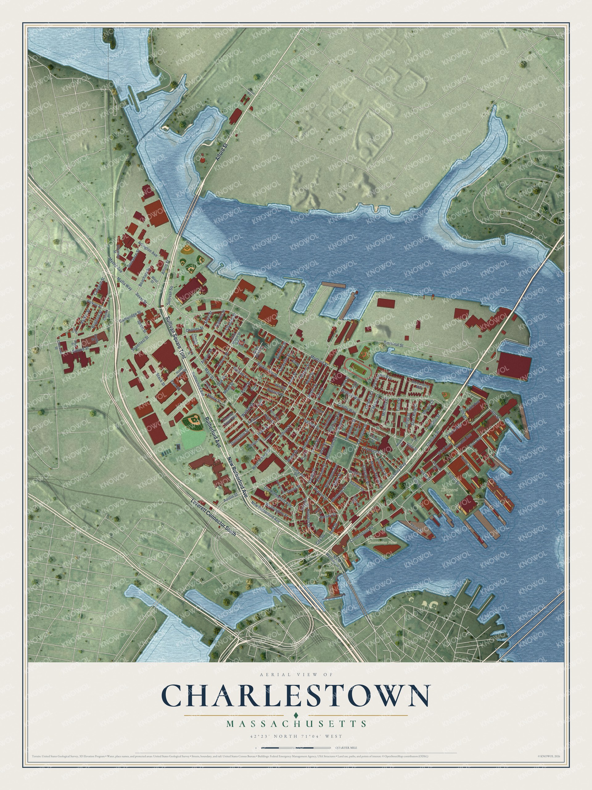 Full map of Charlestown, Massachusetts, with red buildings, printed street names and the land around them