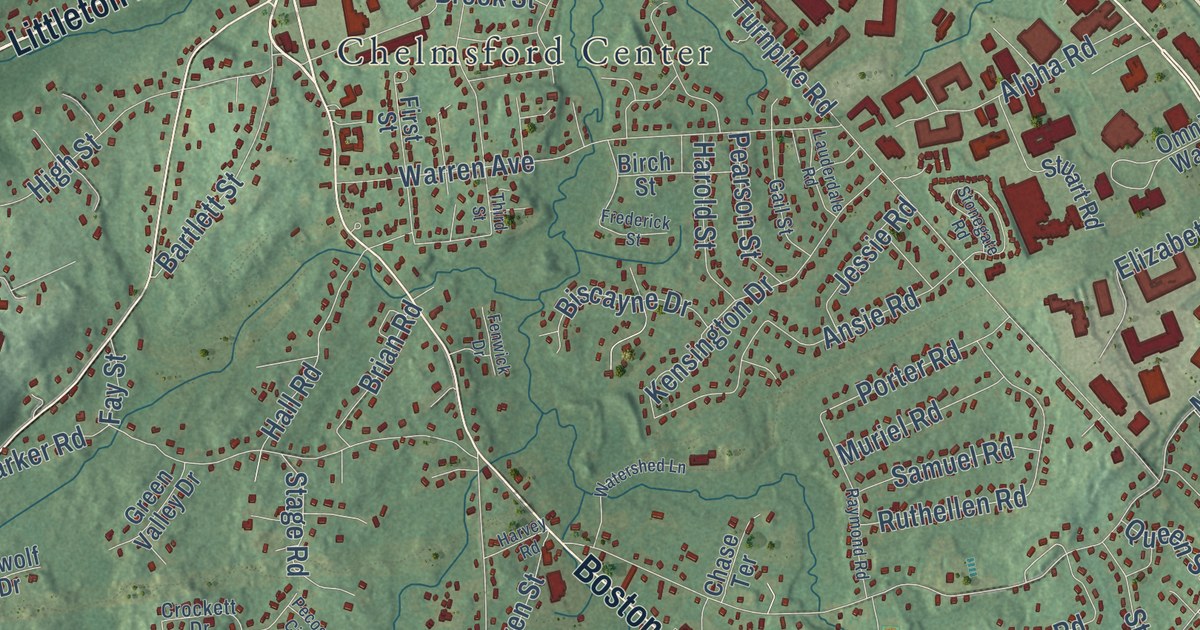 Close-up of streets and buildings in Chelmsford, Massachusetts