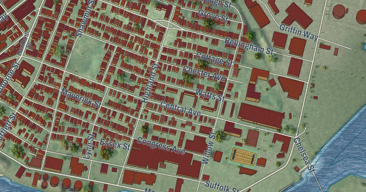 Close-up of streets and buildings in Chelsea, Massachusetts