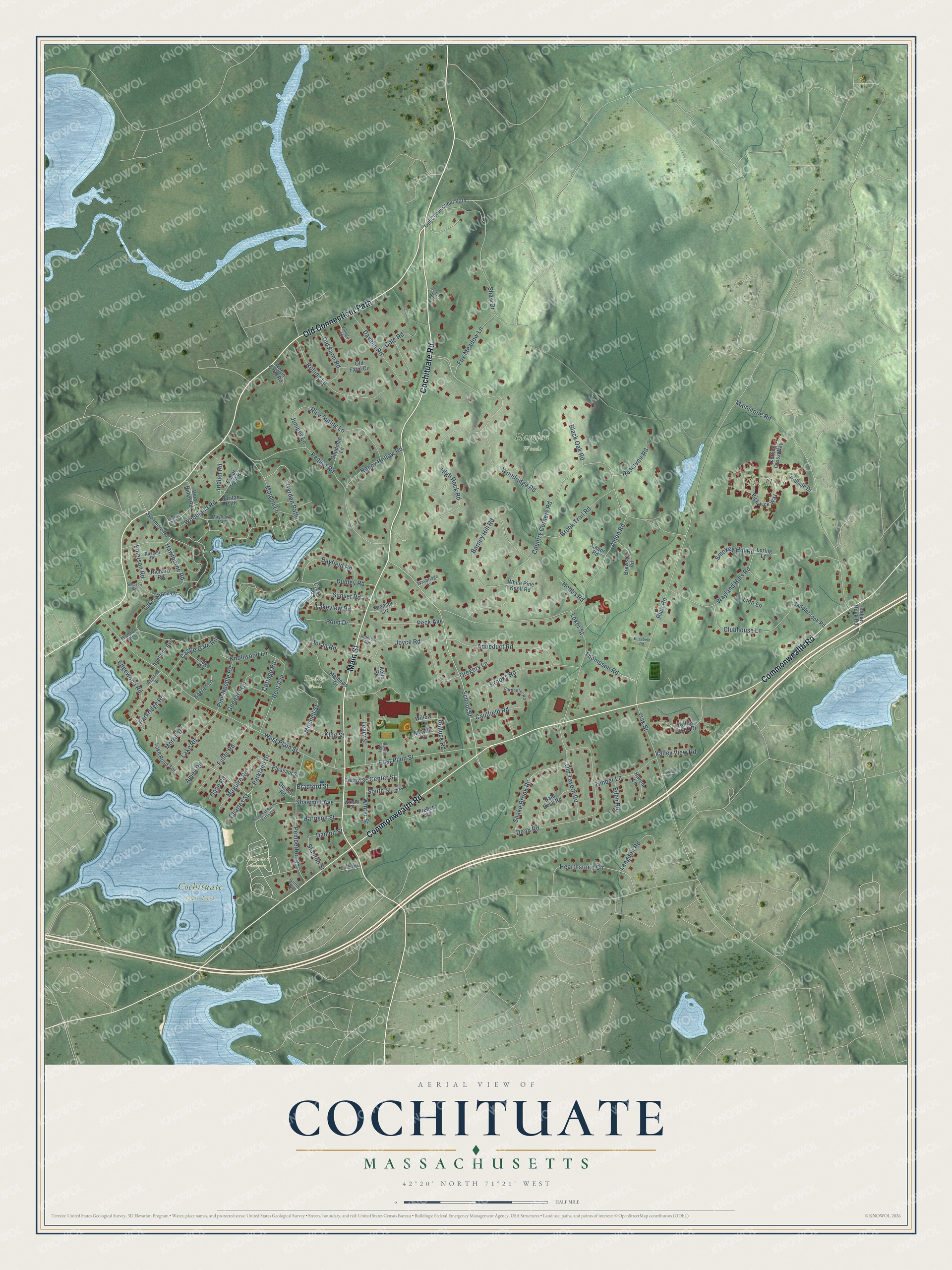 Full map of Cochituate, Massachusetts, with red buildings, printed street names and the land around them