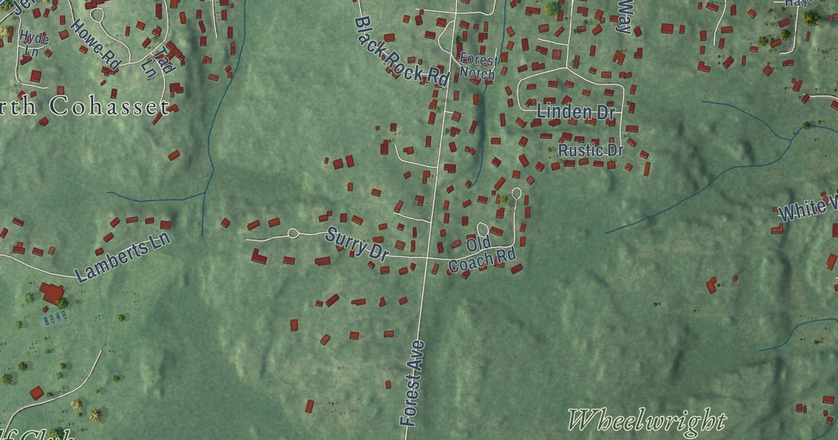 Close-up of streets and buildings in Cohasset, Massachusetts