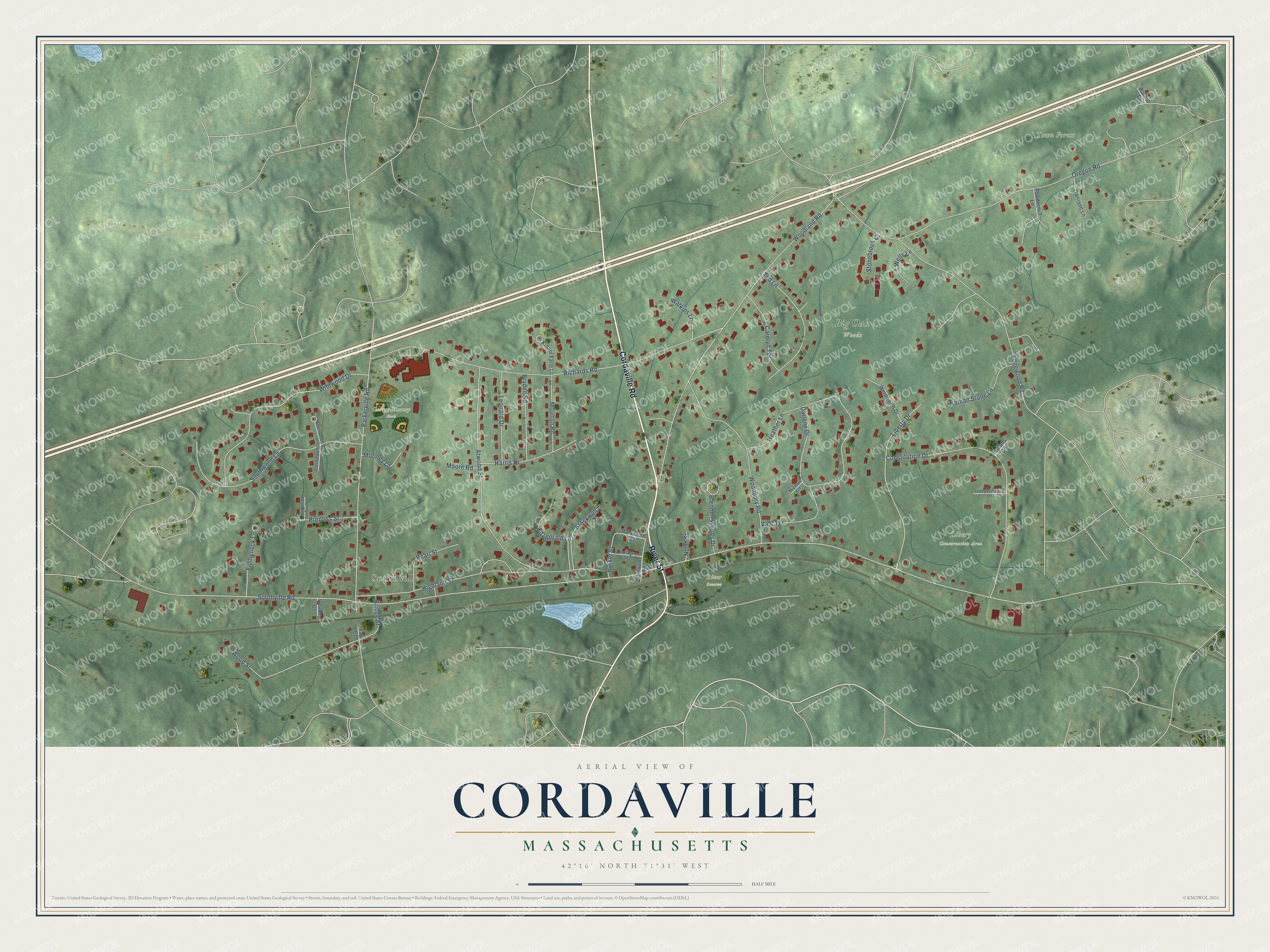 Full map of Cordaville, Massachusetts, with red buildings, printed street names and the land around them