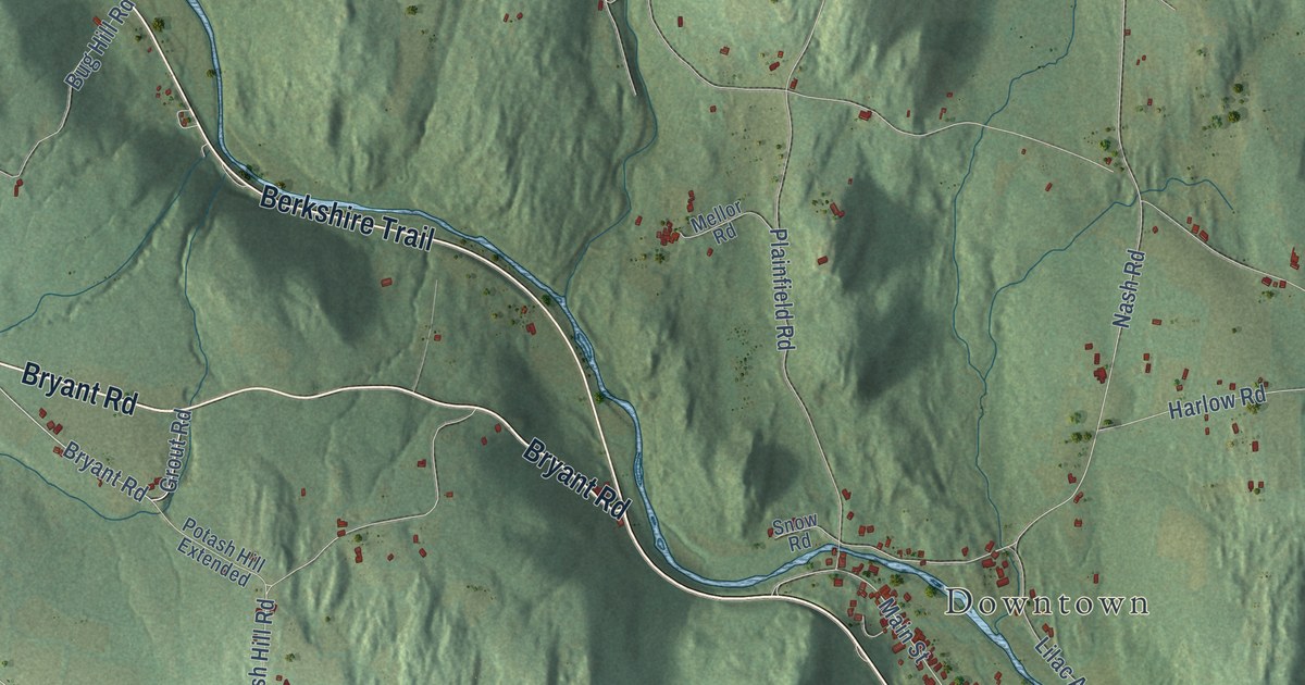 Close-up of streets and buildings in Cummington, Massachusetts