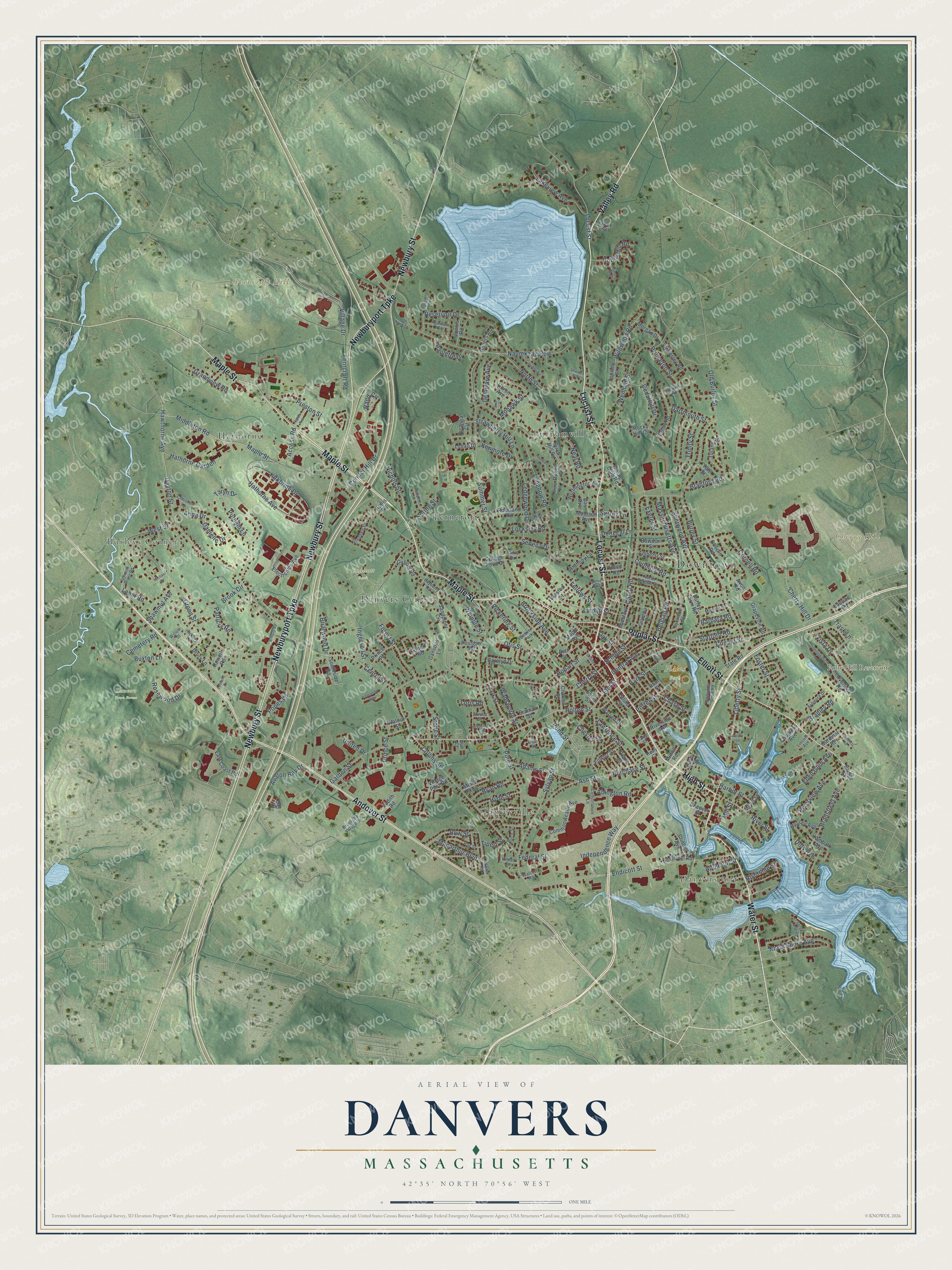 Watermarked full-map preview of Danvers, Massachusetts