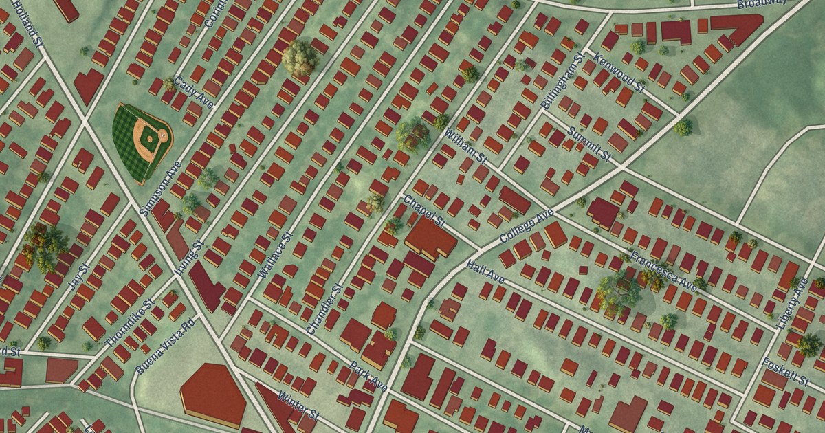 Close-up of streets and buildings in Davis Square, Massachusetts