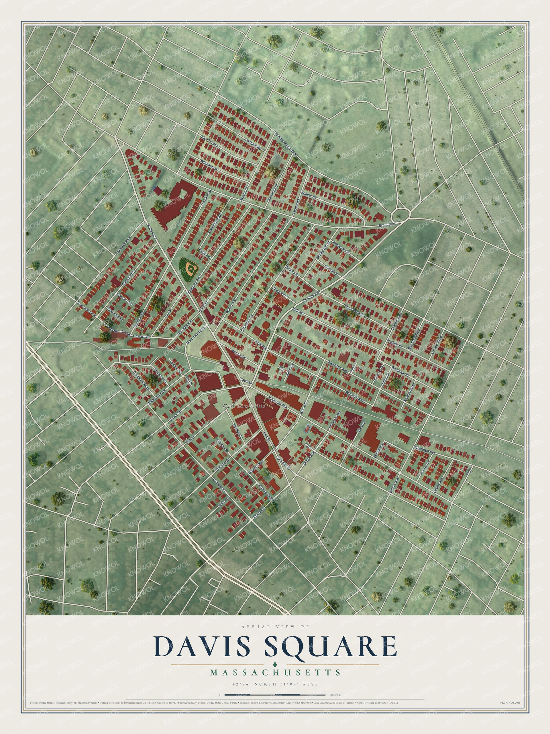 Full map of Davis Square, Massachusetts, with red buildings, printed street names and the land around them