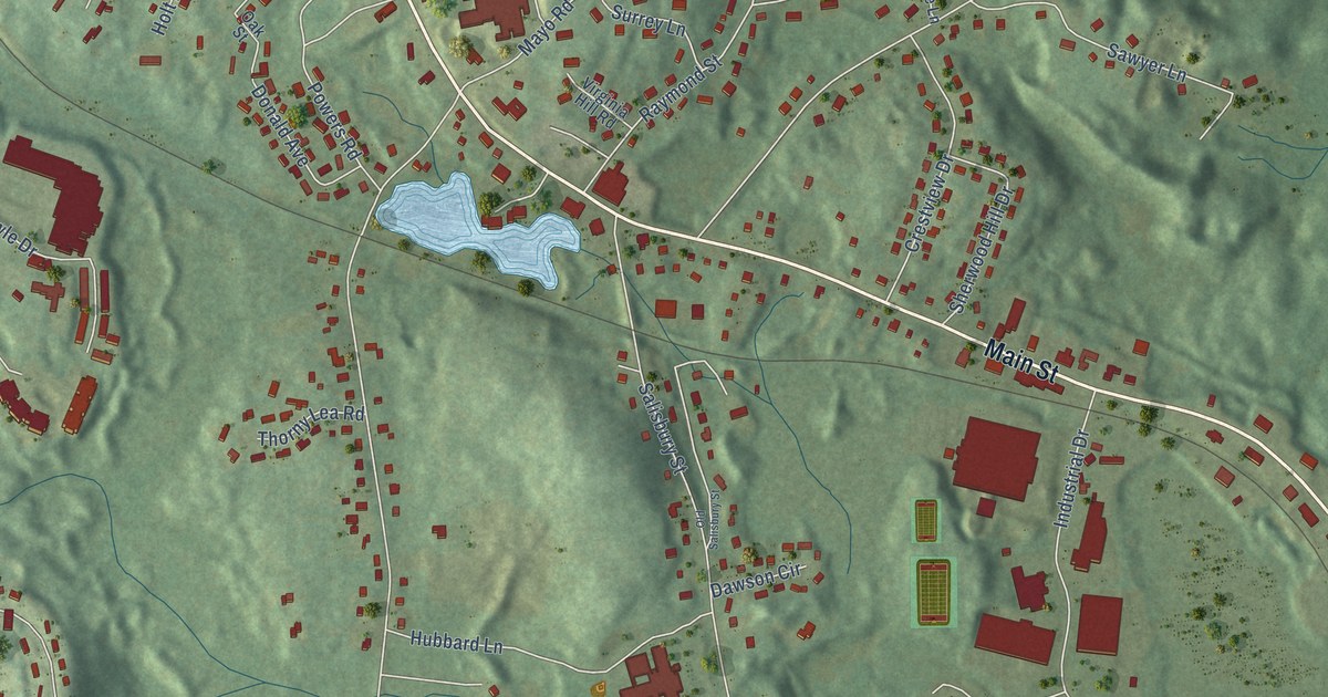 Close-up of streets and buildings in Dawson, Massachusetts