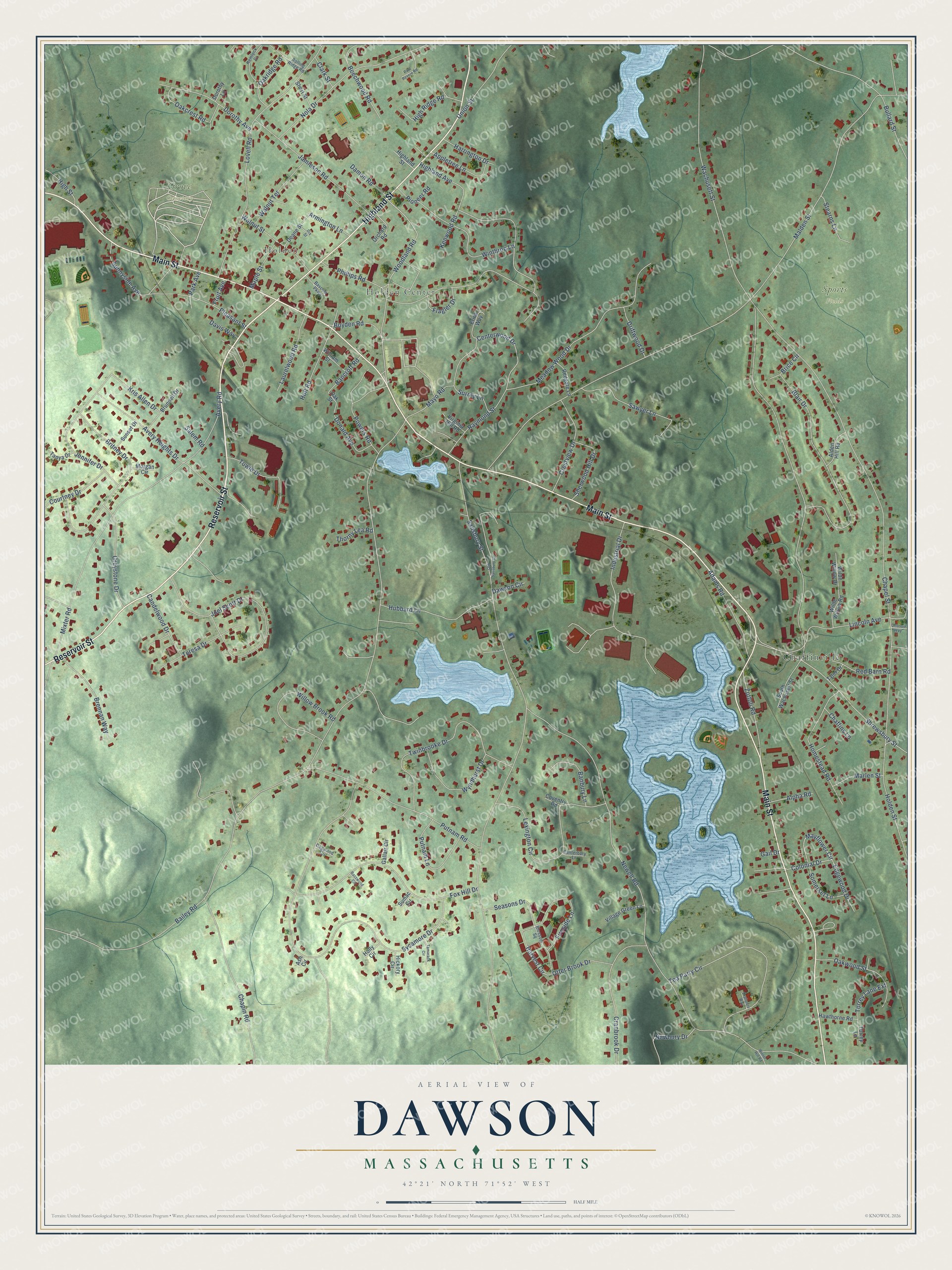 Full map of Dawson, Massachusetts, with red buildings, printed street names and the land around them