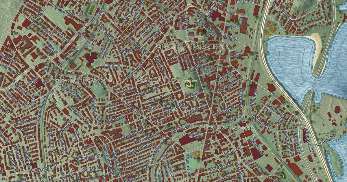 Close-up of streets and buildings in Dorchester, Massachusetts