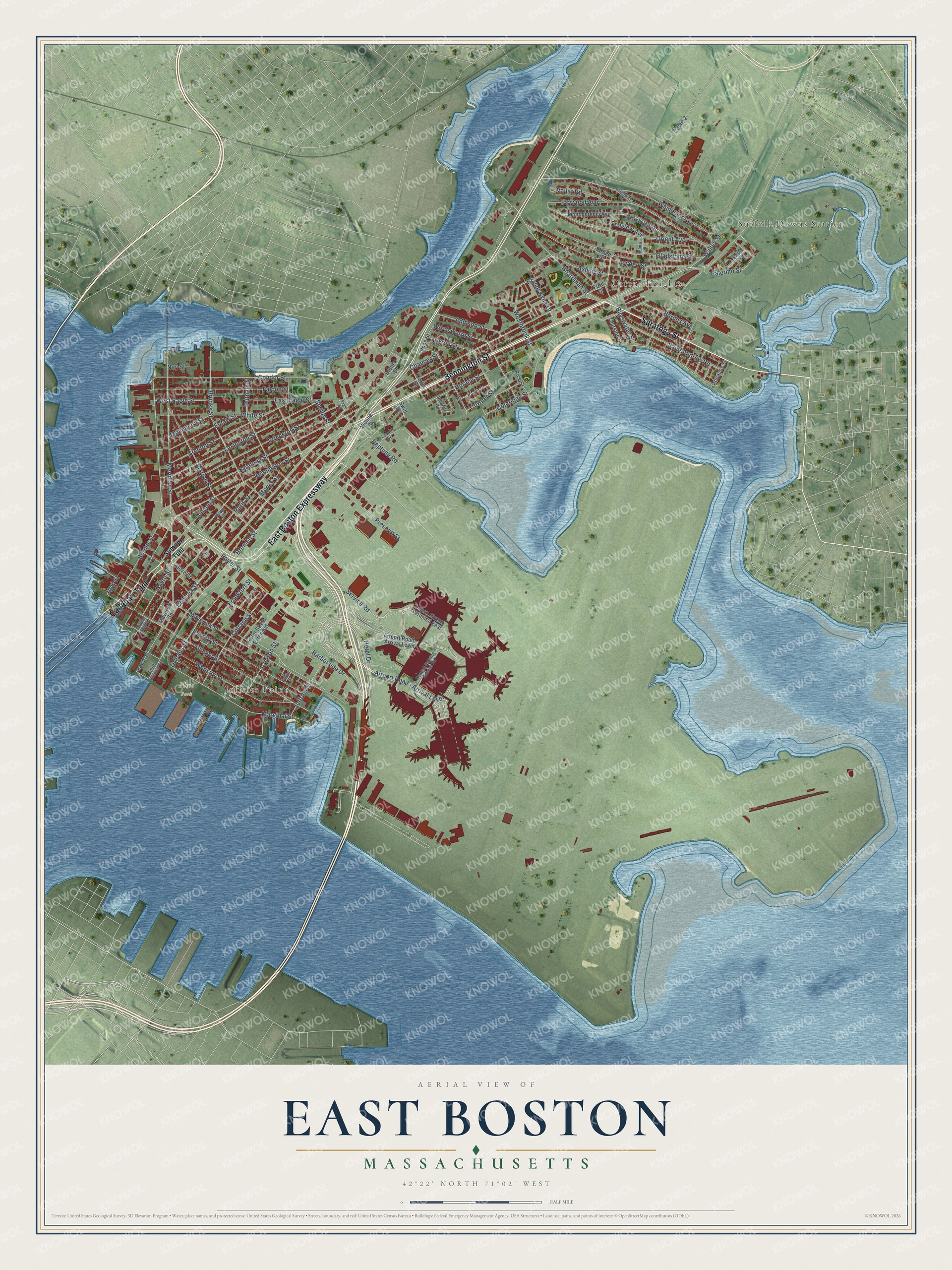 Full map of East Boston, Massachusetts, with red buildings, printed street names and the land around them
