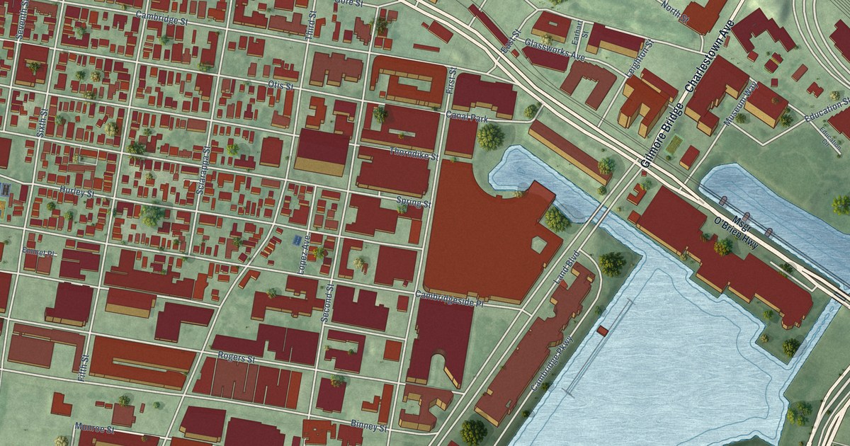 Close-up of streets and buildings in East Cambridge, Massachusetts