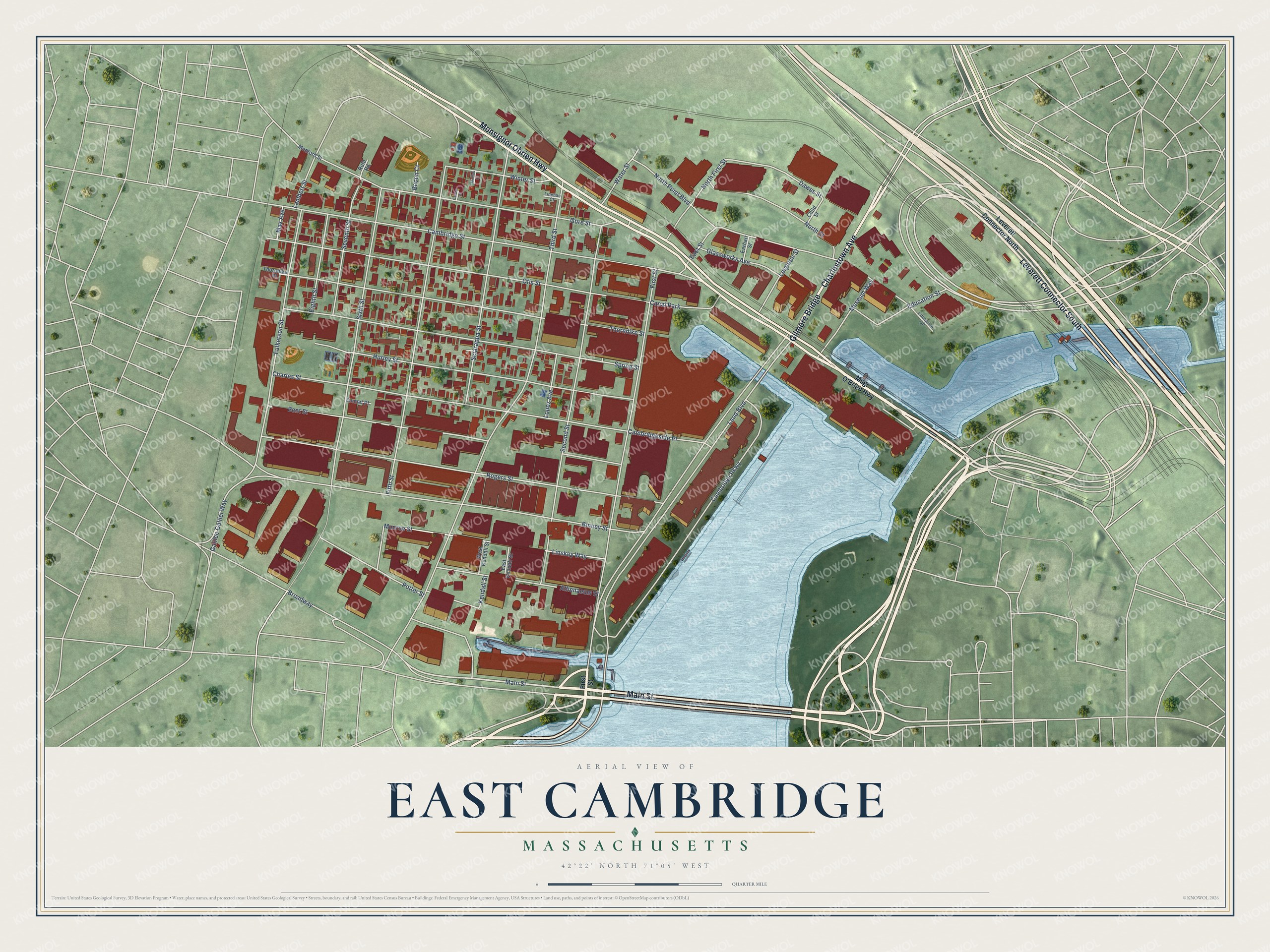 Full map of East Cambridge, Massachusetts, with red buildings, printed street names and the land around them