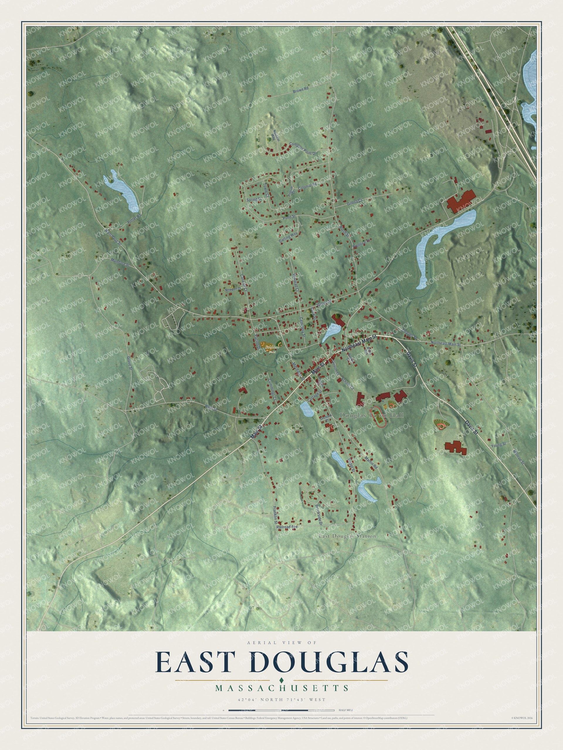 Full map of East Douglas, Massachusetts, with red buildings, printed street names and the land around them