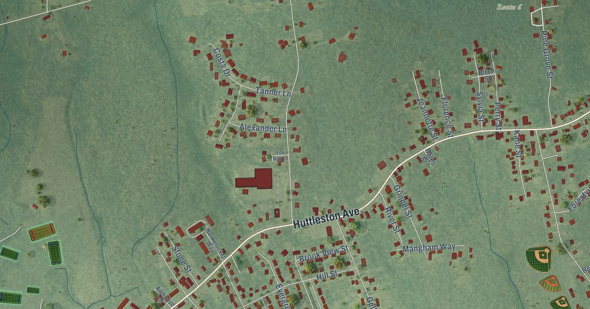 Close-up of streets and buildings in East Fairhaven, Massachusetts