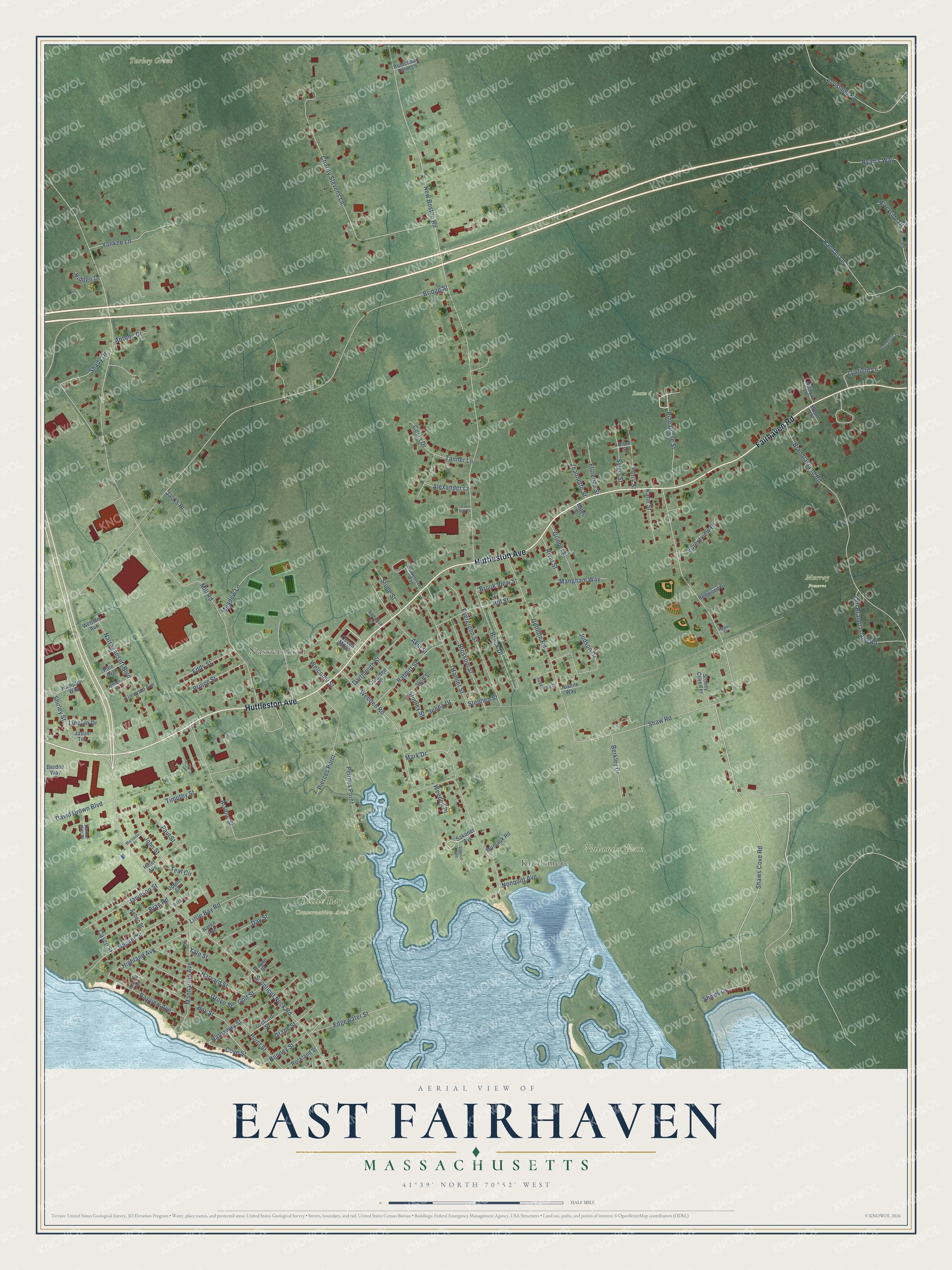 Full map of East Fairhaven, Massachusetts, with red buildings, printed street names and the land around them