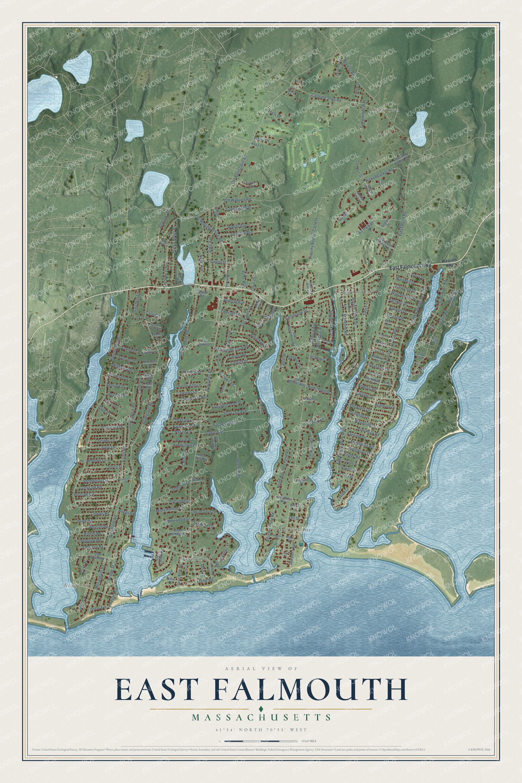 Full map of East Falmouth, Massachusetts, with red buildings, printed street names and the land around them