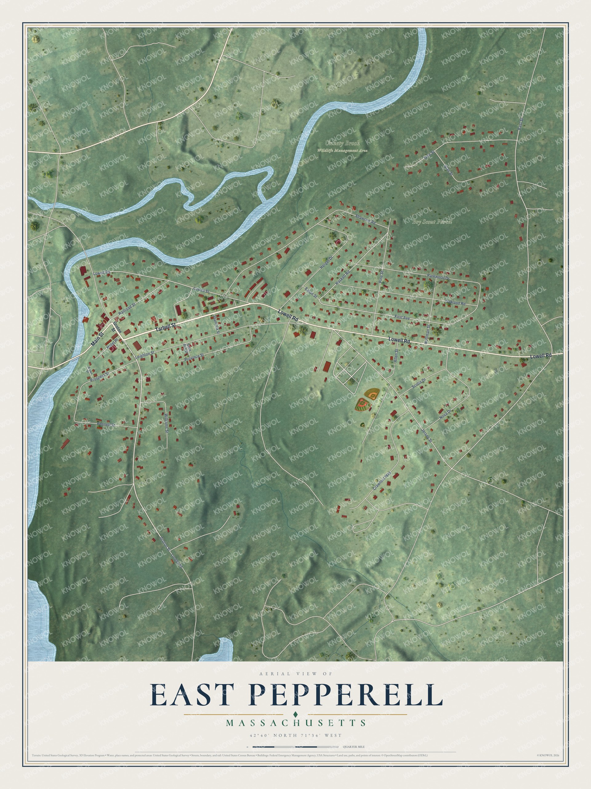 Full map of East Pepperell, Massachusetts, with red buildings, printed street names and the land around them