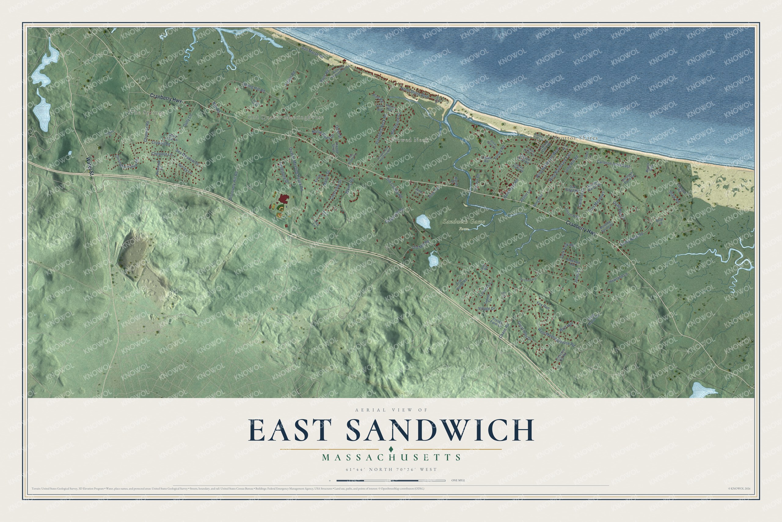 Full map of East Sandwich, Massachusetts, with red buildings, printed street names and the land around them