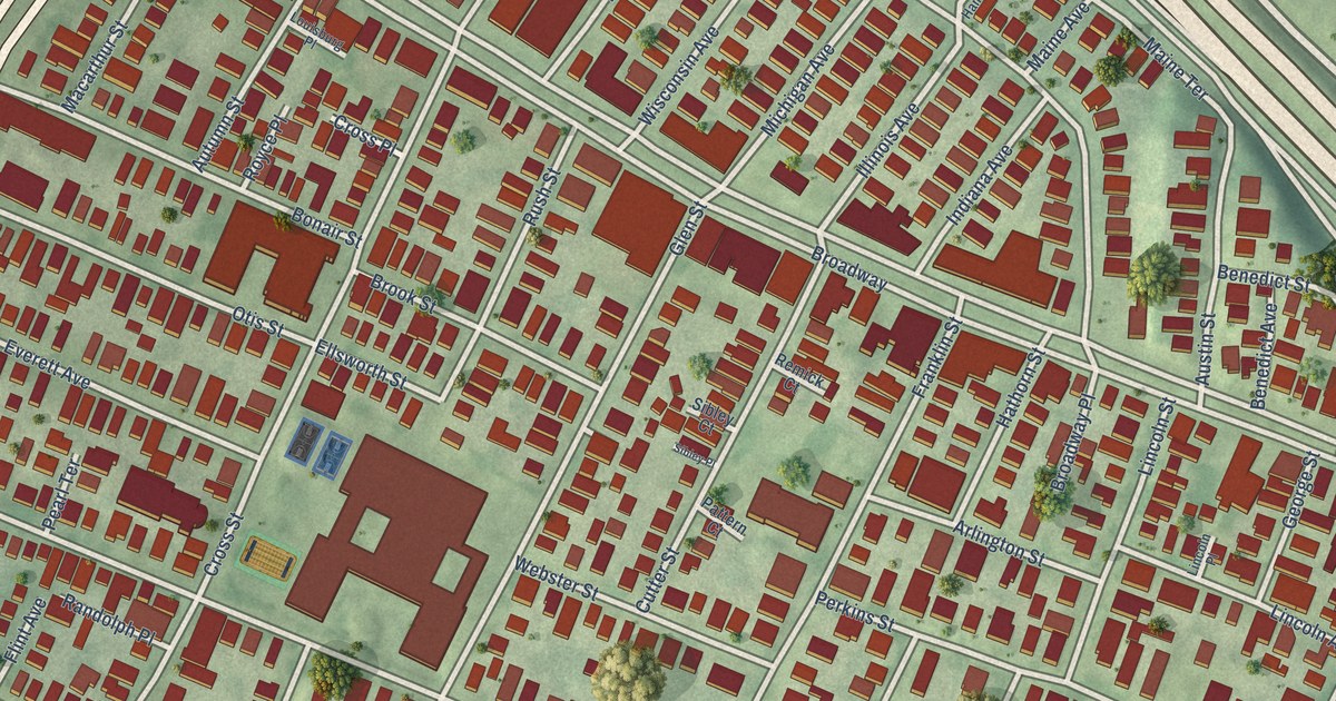 Close-up of streets and buildings in East Somerville, Massachusetts
