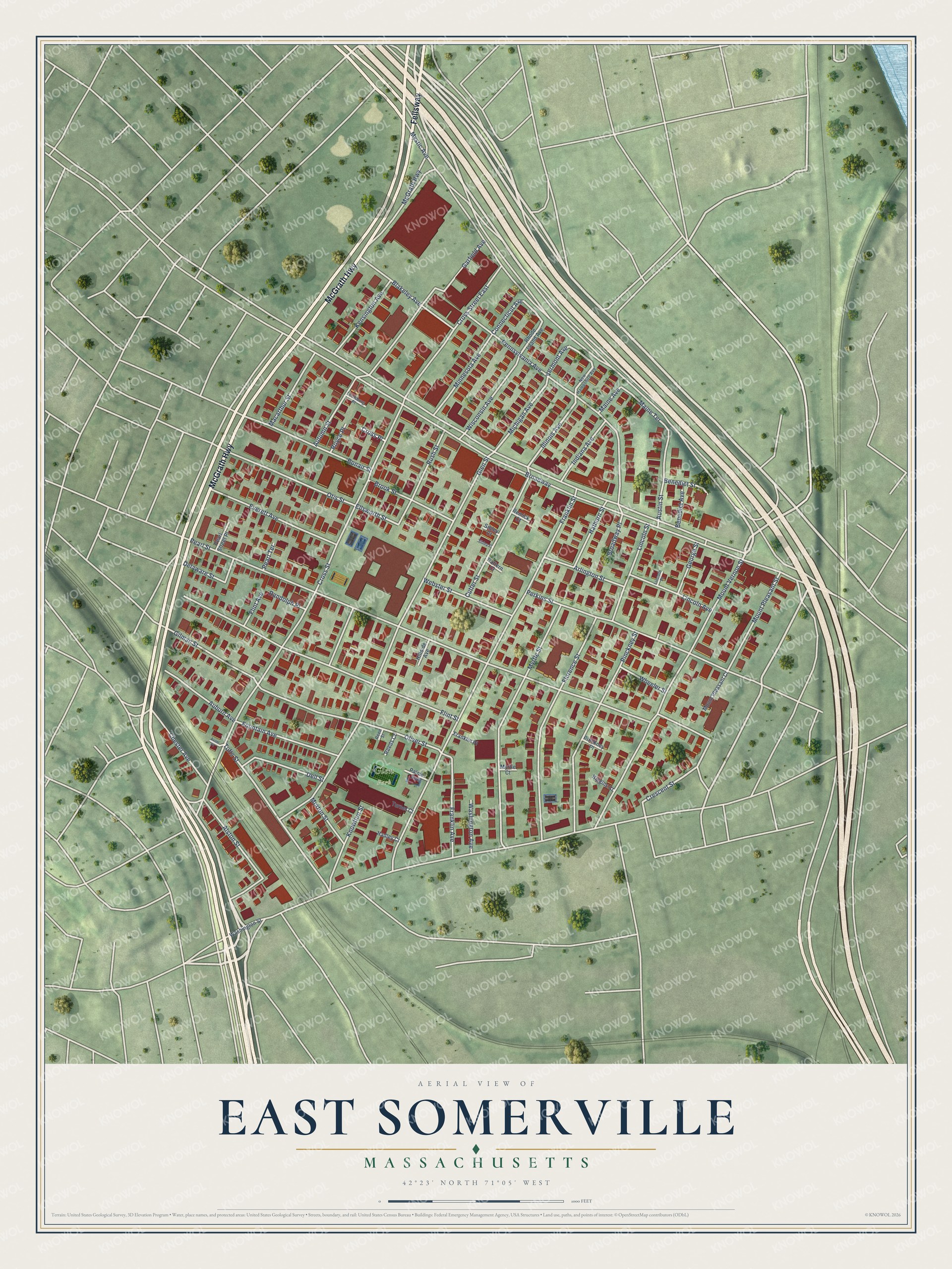 Full map of East Somerville, Massachusetts, with red buildings, printed street names and the land around them