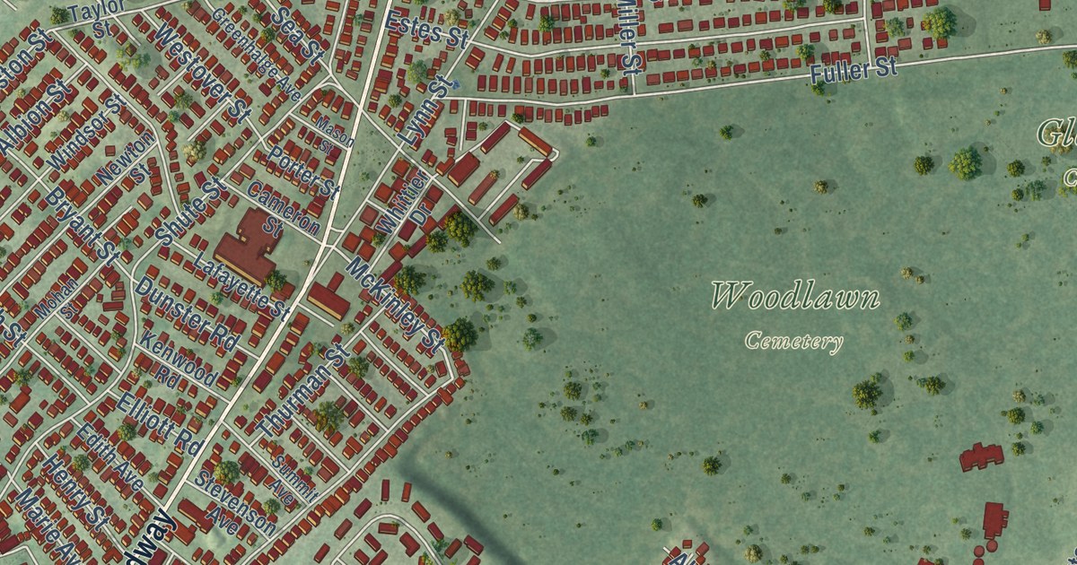 Close-up of streets and buildings in Everett, Massachusetts