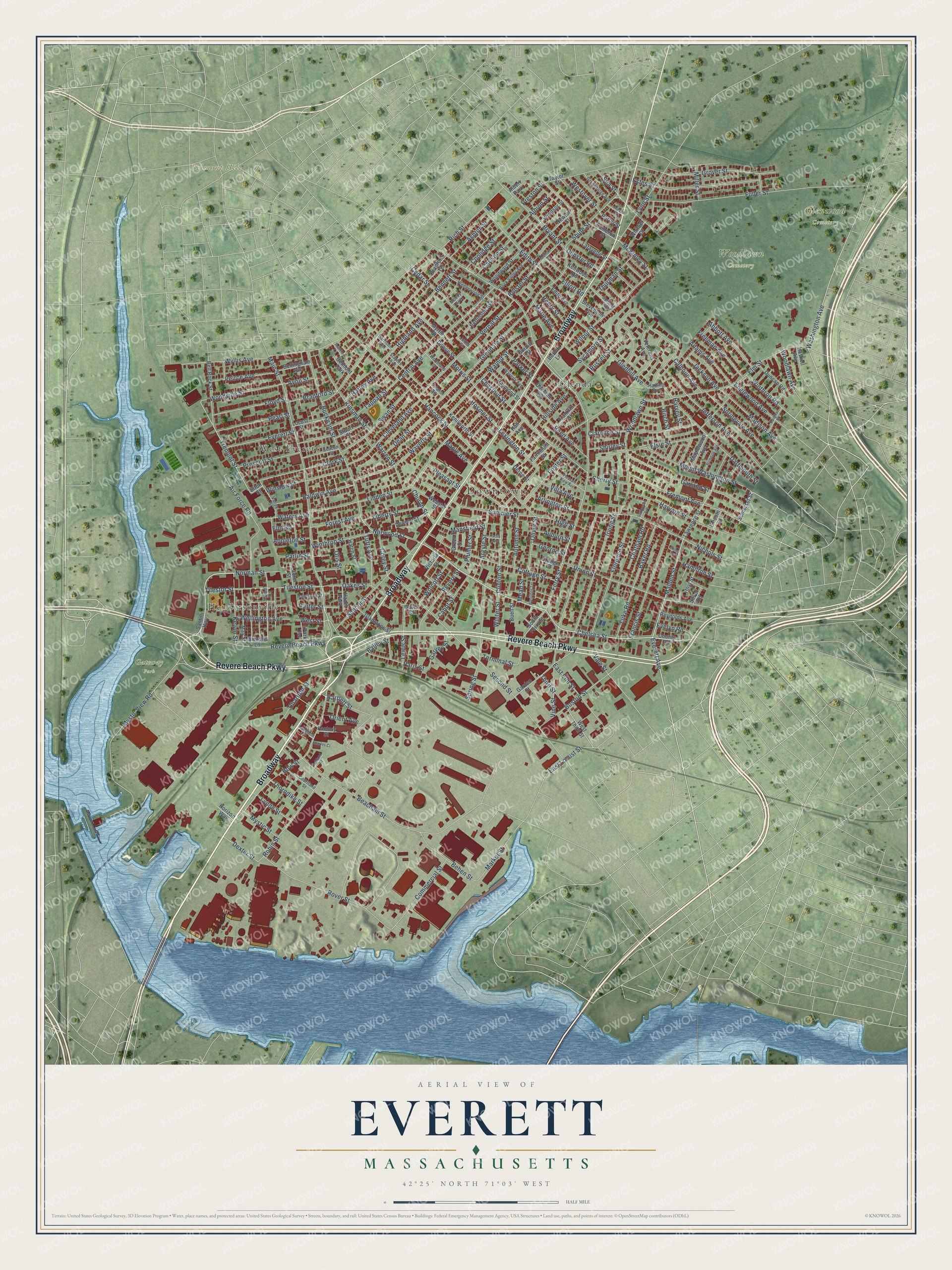 Watermarked full-map preview of Everett, Massachusetts