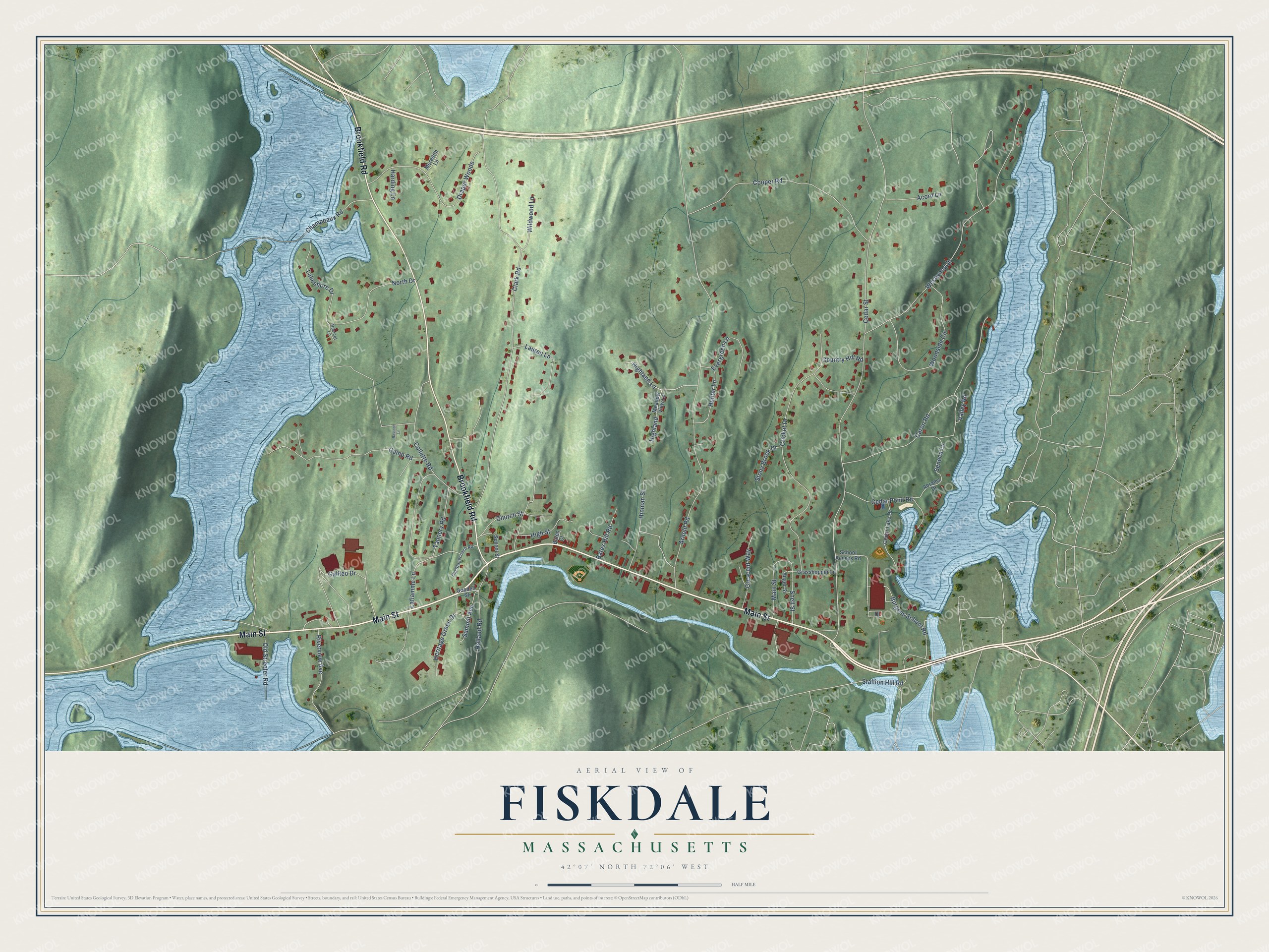 Full map of Fiskdale, Massachusetts, with red buildings, printed street names and the land around them