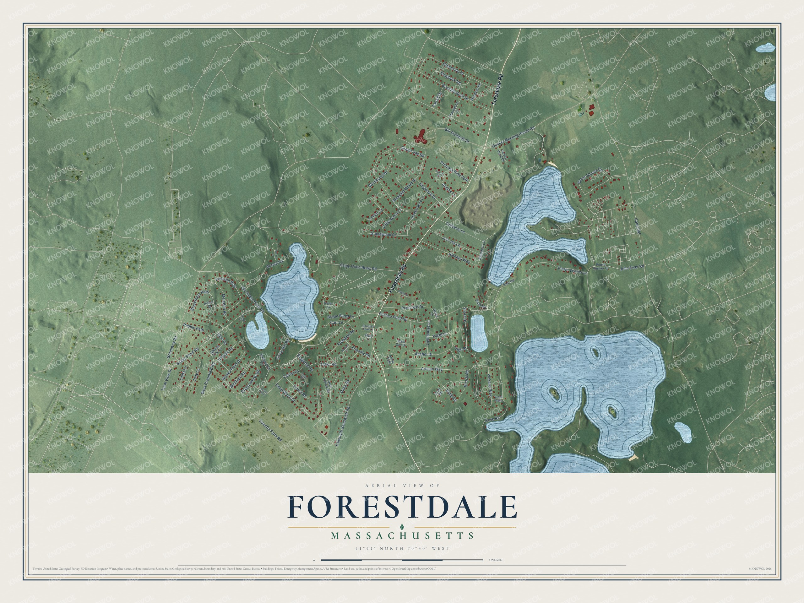 Full map of Forestdale, Massachusetts, with red buildings, printed street names and the land around them