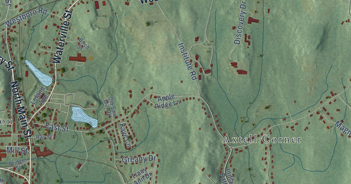 Close-up of streets and buildings in Grafton, Massachusetts
