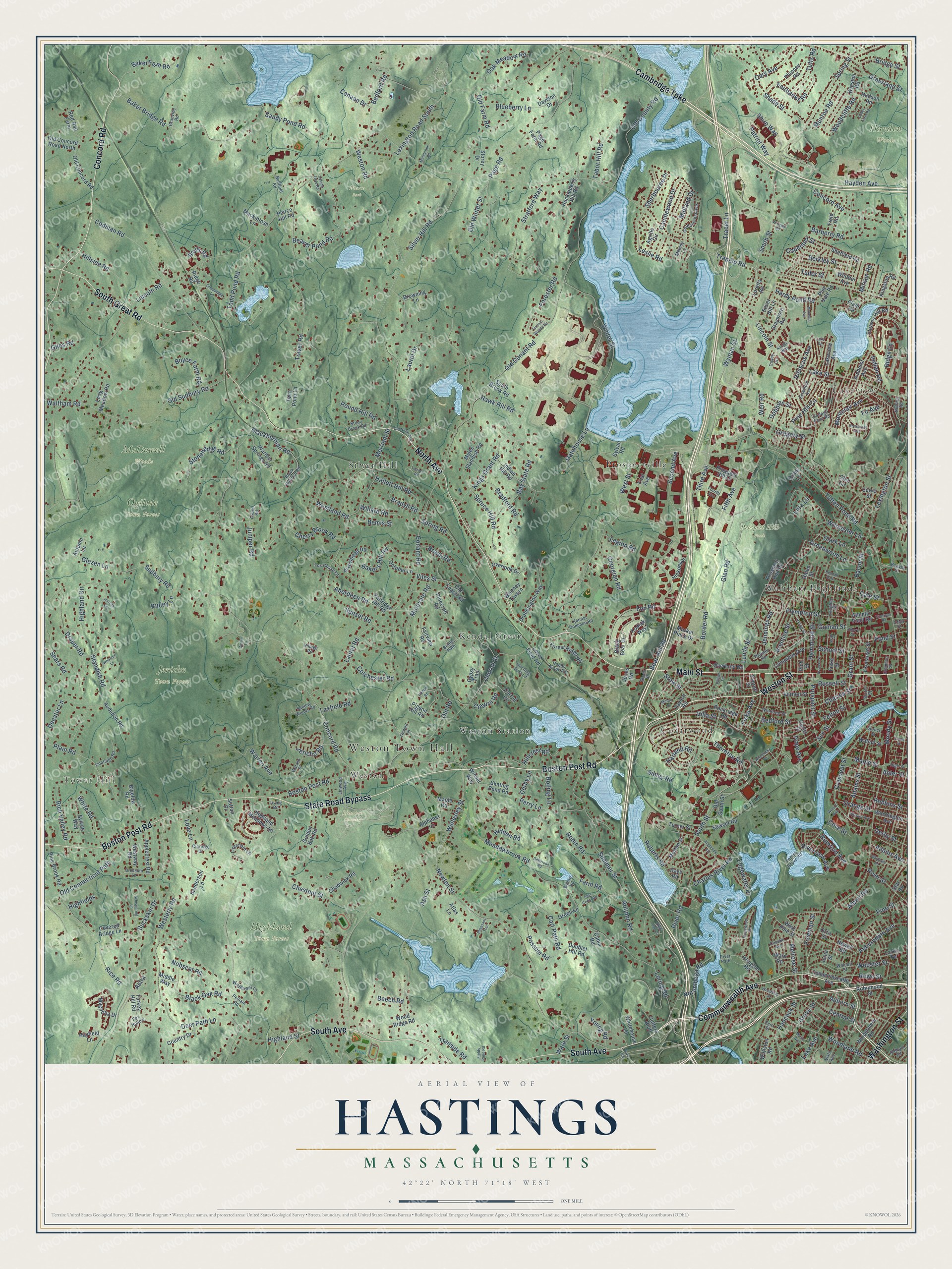 Full map of Hastings, Massachusetts, with red buildings, printed street names and the land around them