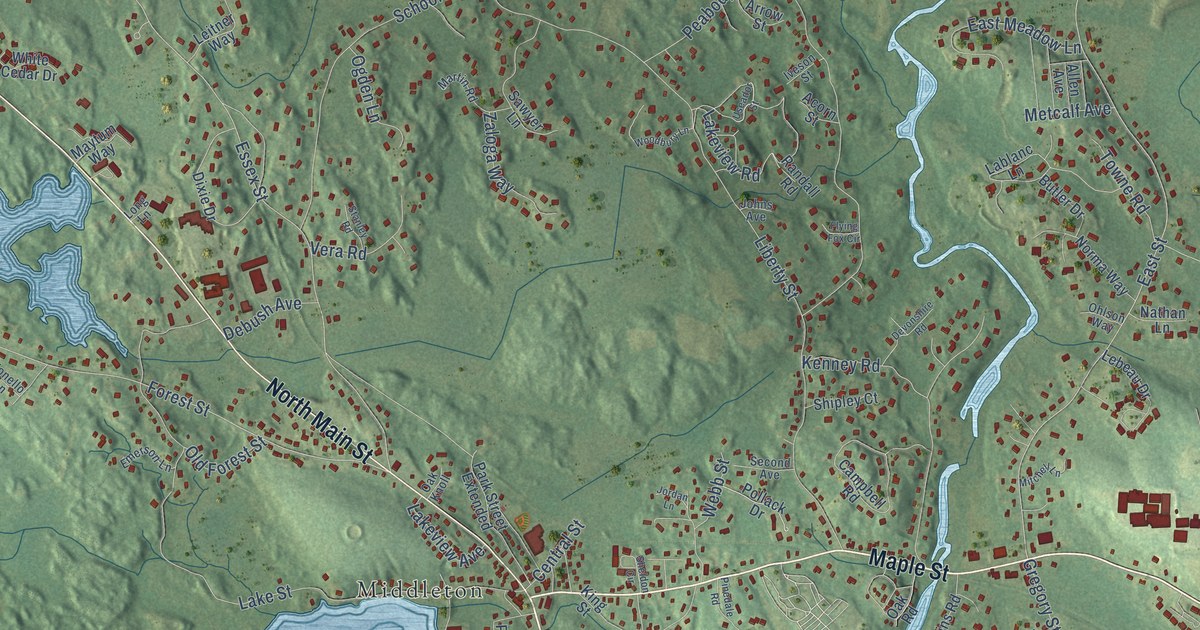 Close-up of streets and buildings in Howe, Massachusetts