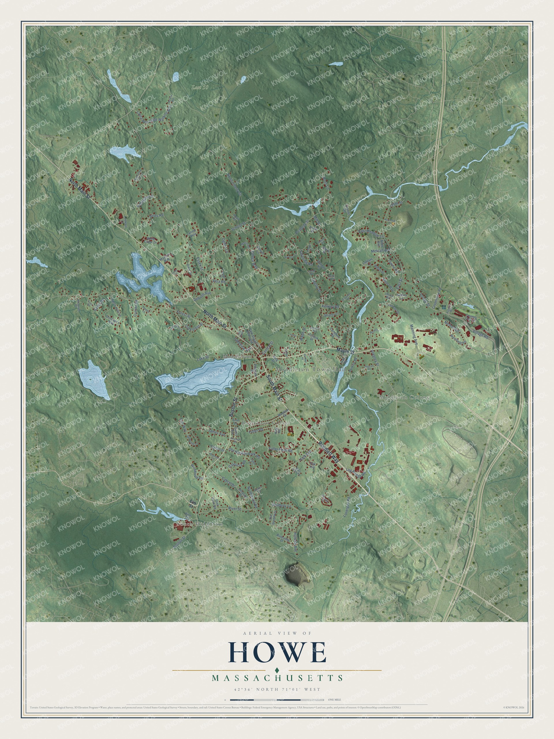 Full map of Howe, Massachusetts, with red buildings, printed street names and the land around them