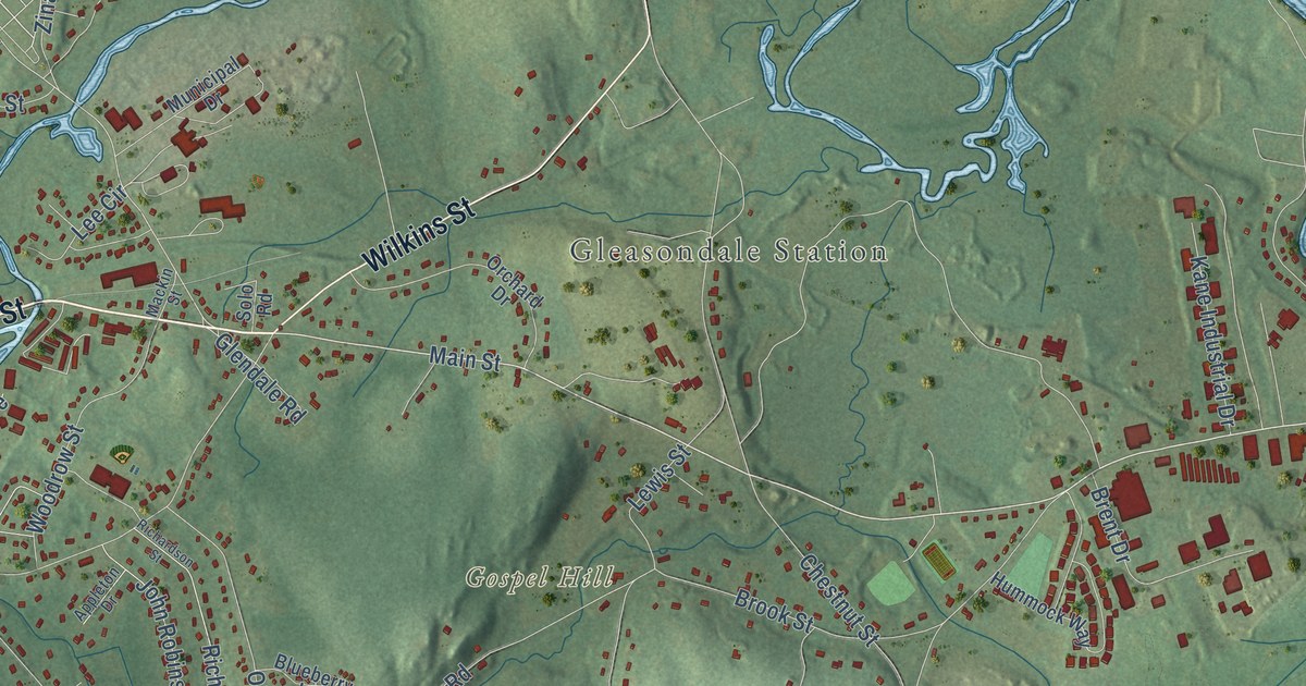Close-up of streets and buildings in Hudson, Massachusetts