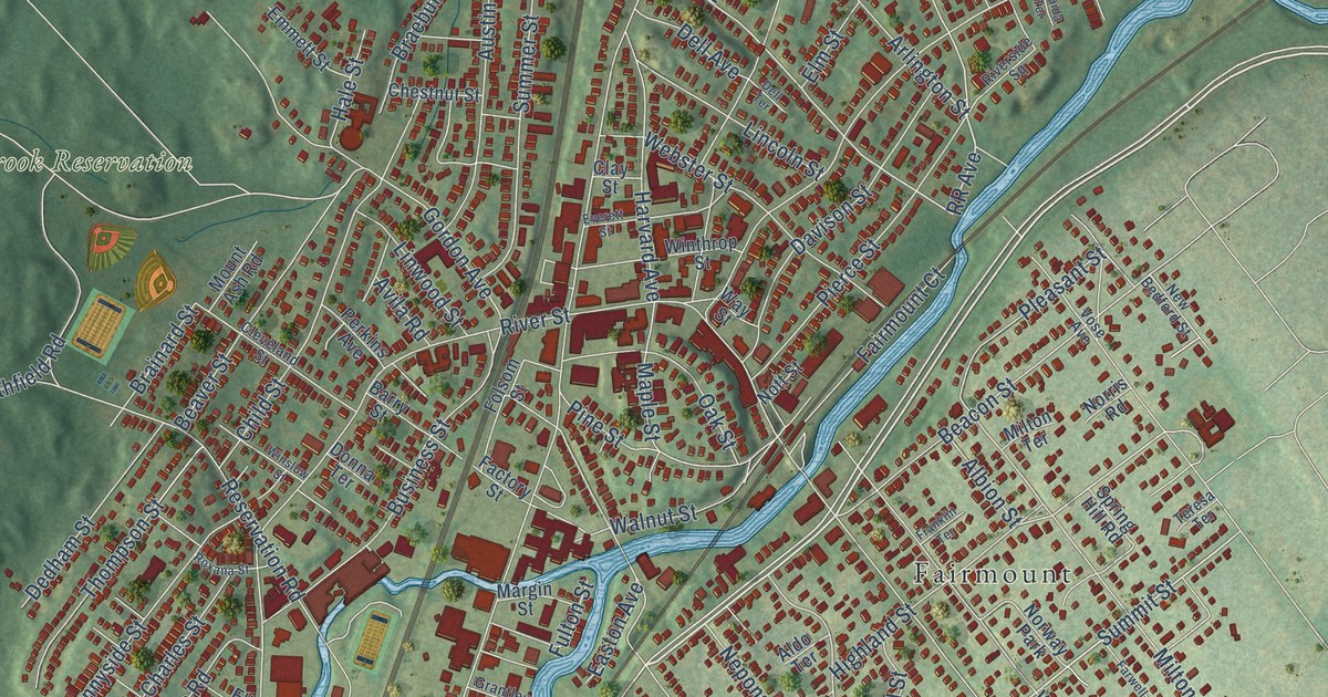 Close-up of streets and buildings in Hyde Park, Massachusetts