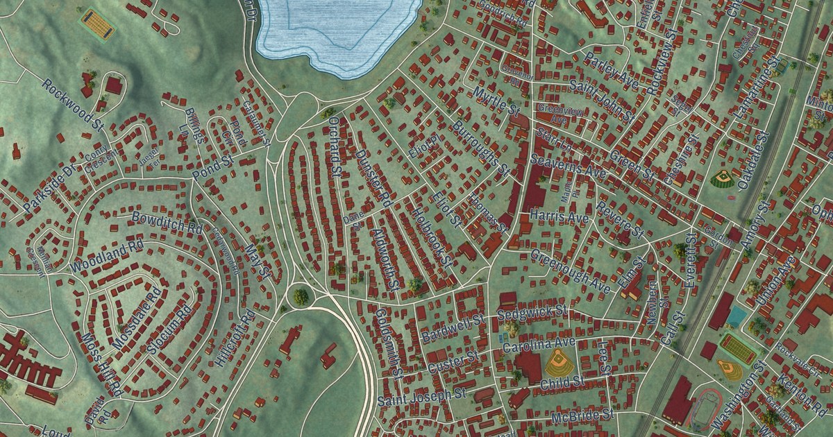 Close-up of streets and buildings in Jamaica Plain, Massachusetts