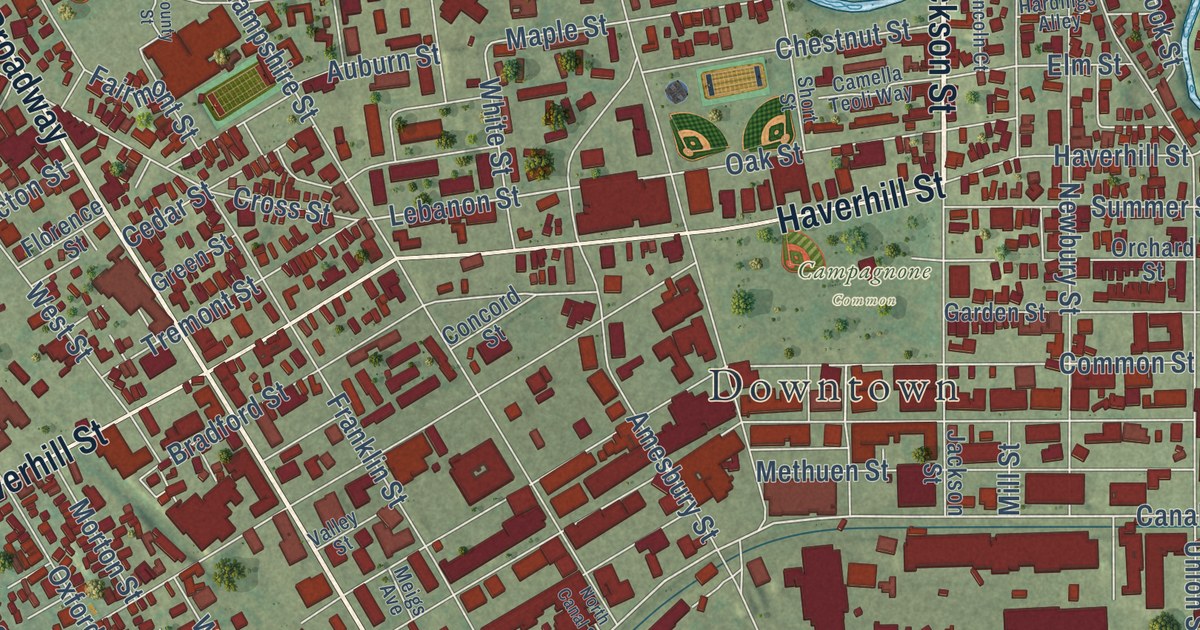 Close-up of streets and buildings in Lawrence, Massachusetts