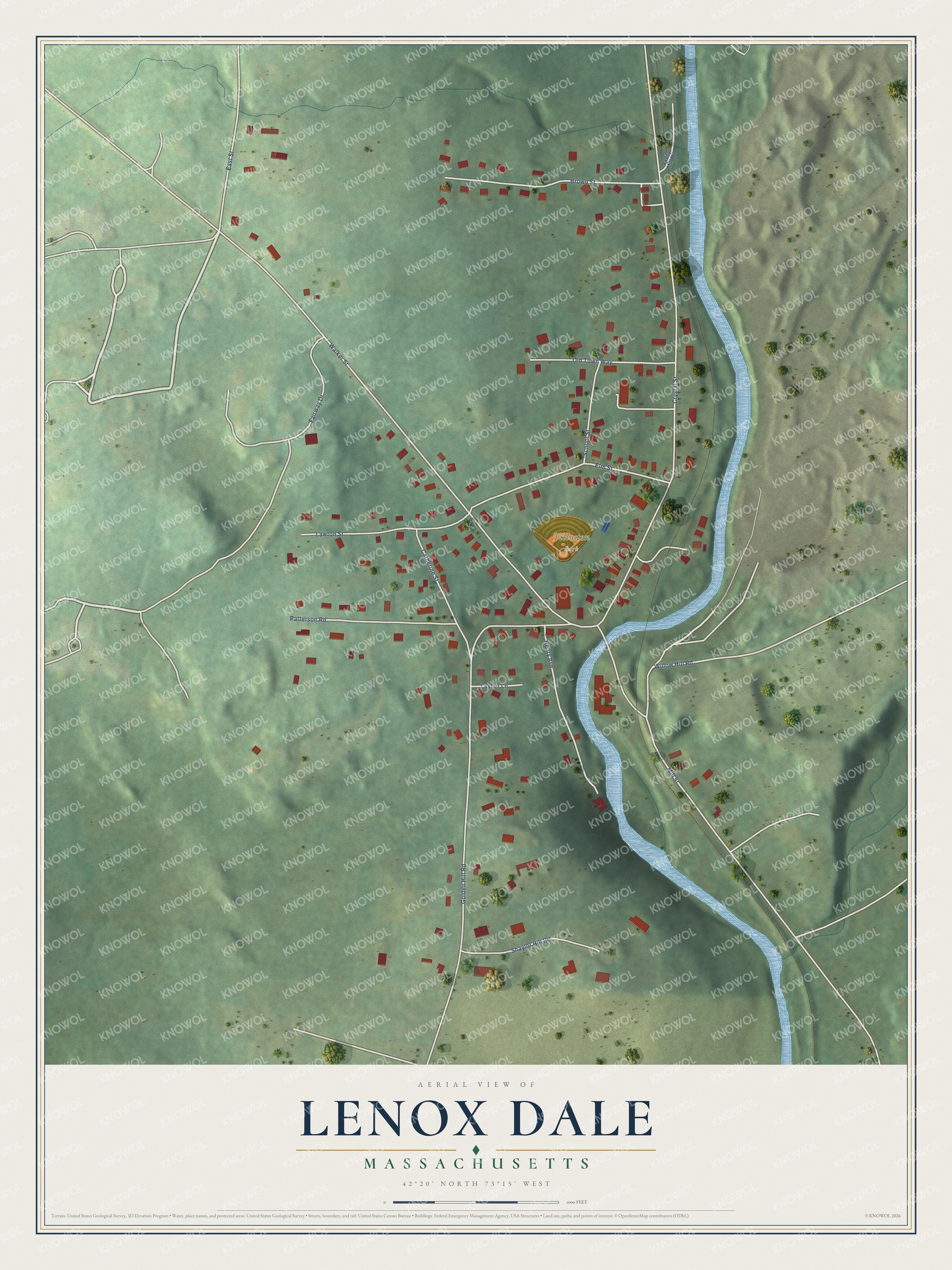 Full map of Lenox Dale, Massachusetts, with red buildings, printed street names and the land around them