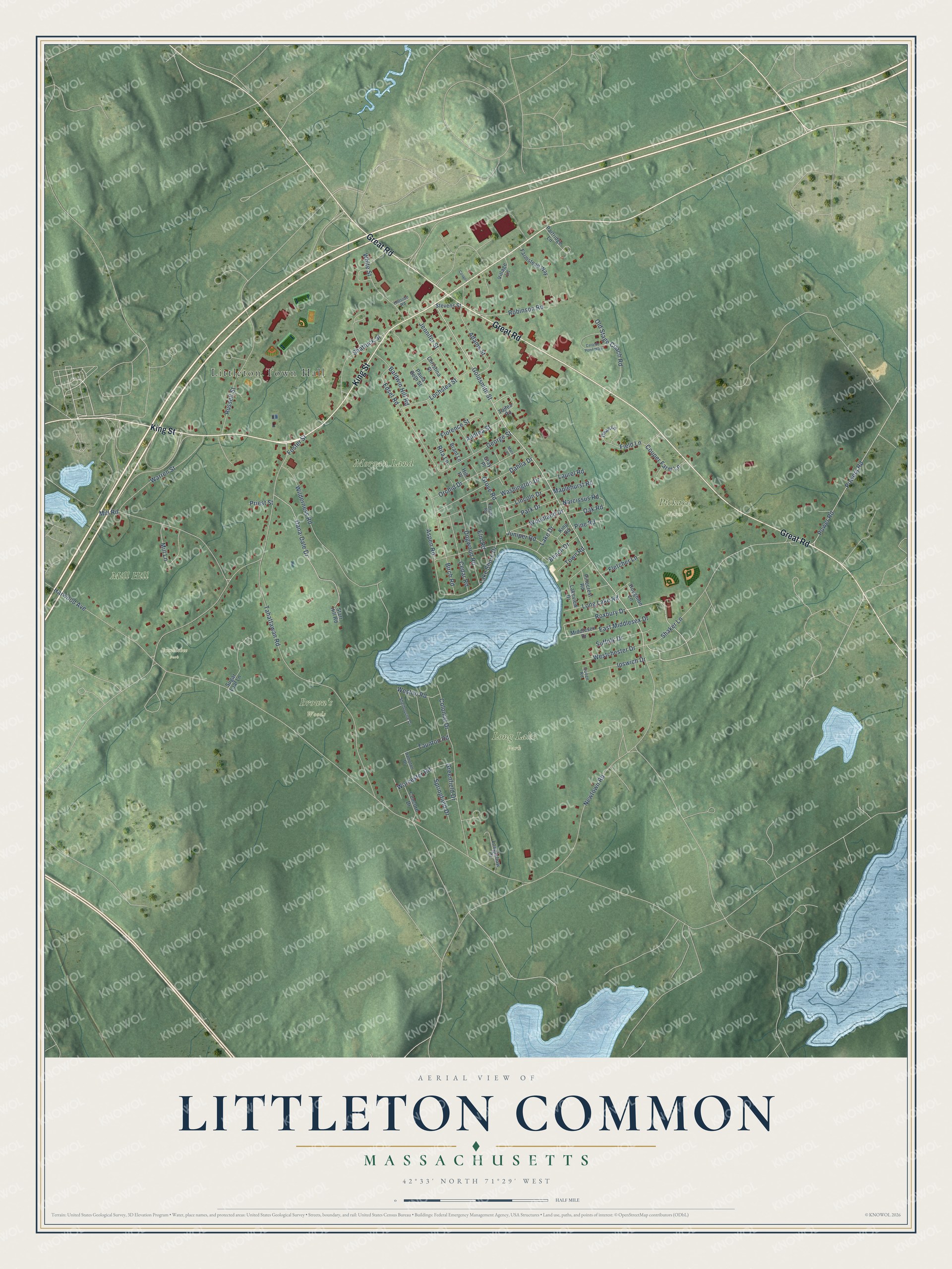 Full map of Littleton Common, Massachusetts, with red buildings, printed street names and the land around them