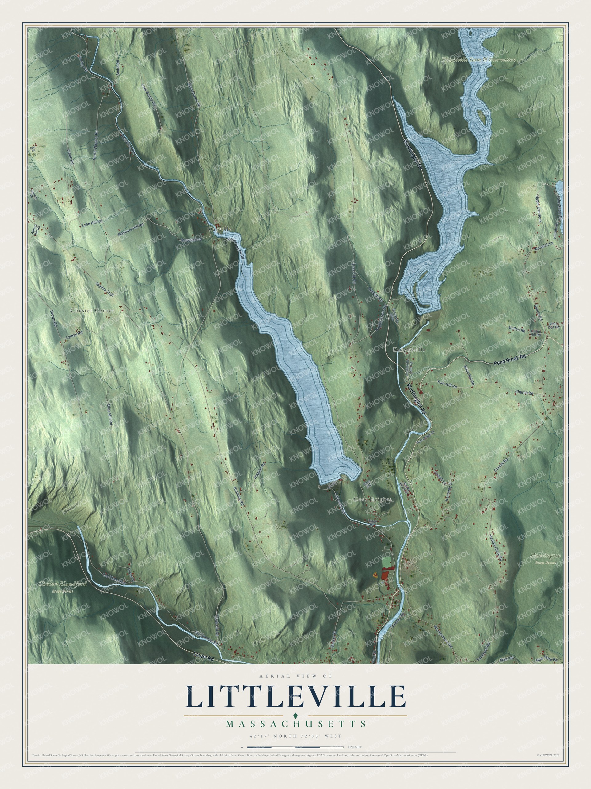 Full map of Littleville, Massachusetts, with red buildings, printed street names and the land around them