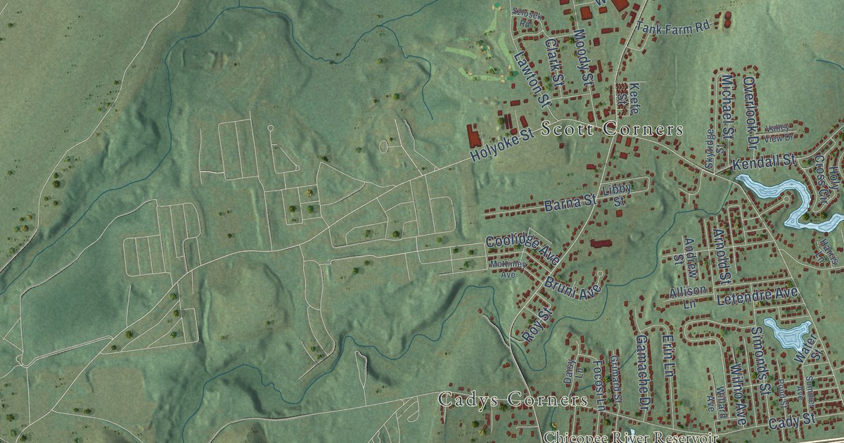 Close-up of streets and buildings in Ludlow, Massachusetts