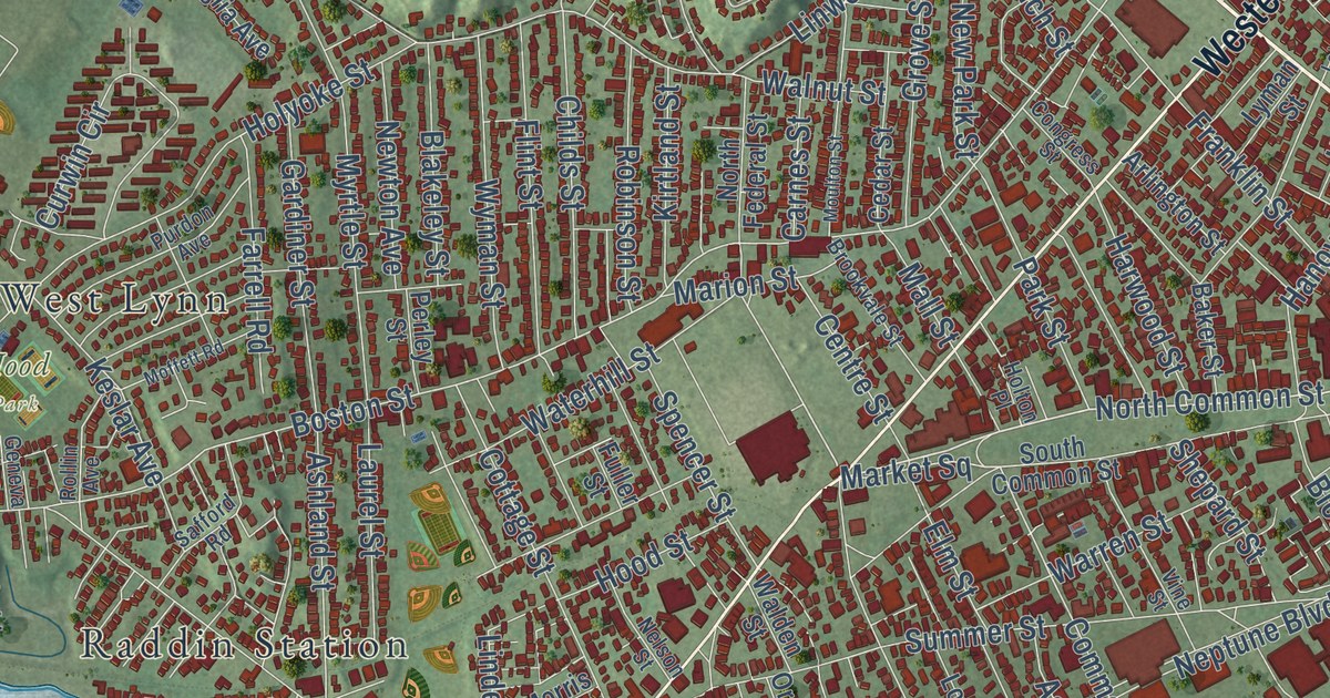 Close-up of streets and buildings in Lynn, Massachusetts
